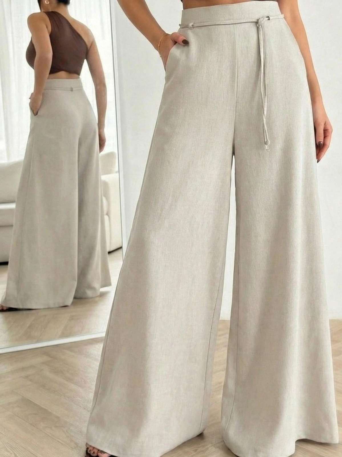 Kadın Taş Bağcıklı Yüksek Bel Rahat Kesim Bol Paça Sofya Keten Pantolon
