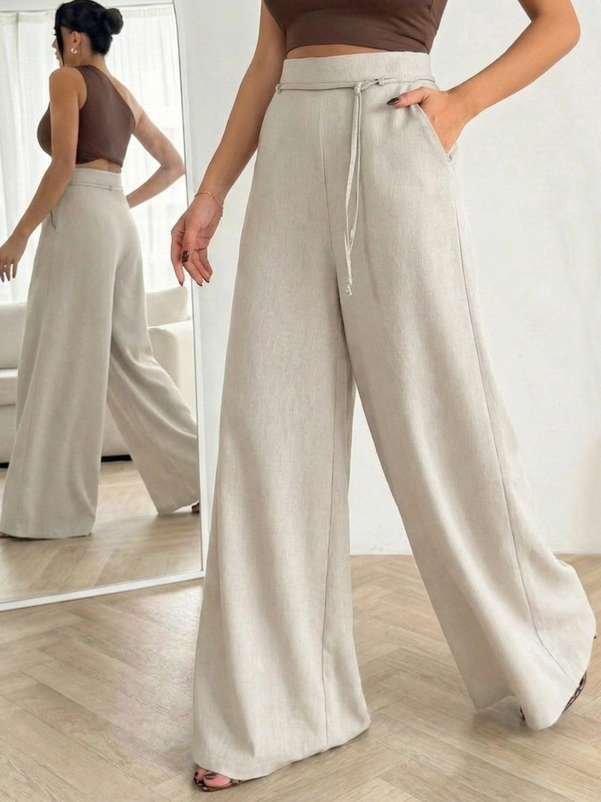 Kadın Taş Bağcıklı Yüksek Bel Rahat Kesim Bol Paça Sofya Keten Pantolon