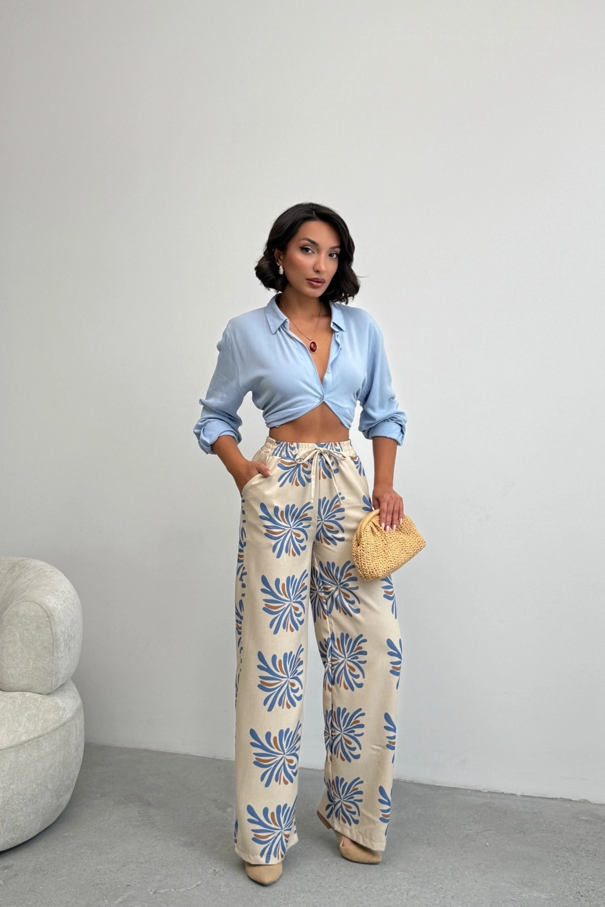 Kadın Bej Etnik Desenli Sofya Keten Pantolon
