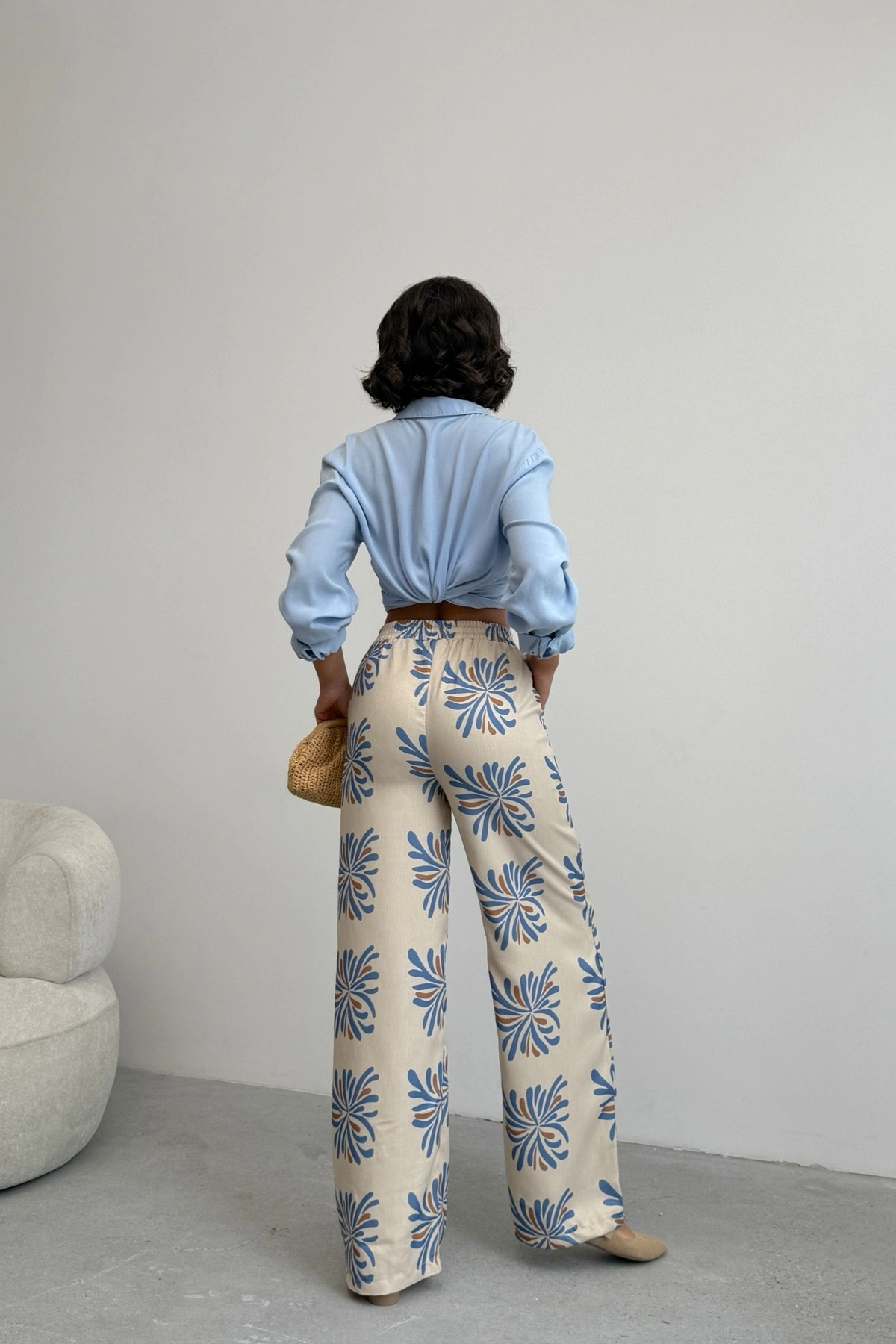 Kadın Bej Etnik Desenli Sofya Keten Pantolon