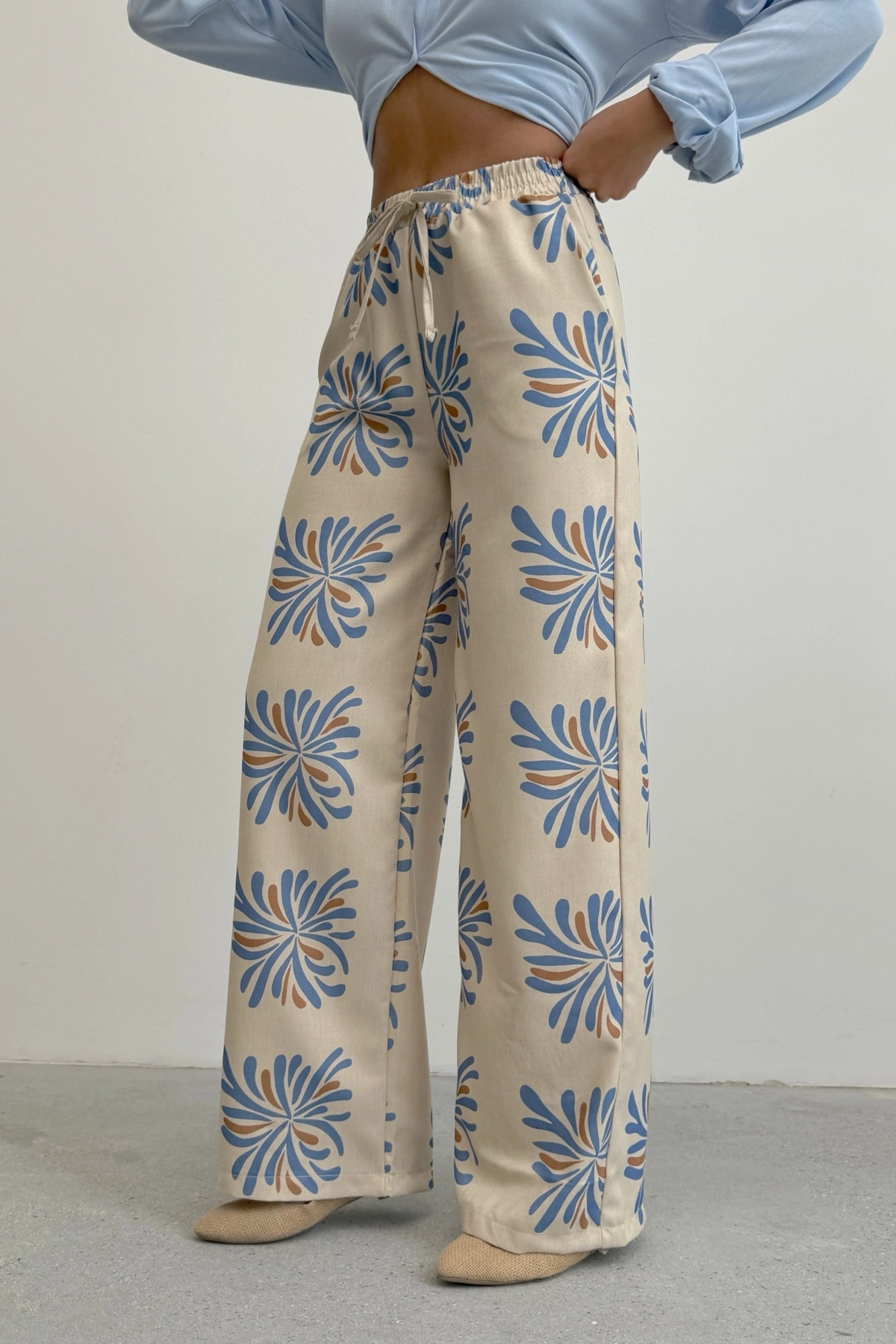 Kadın Bej Etnik Desenli Sofya Keten Pantolon