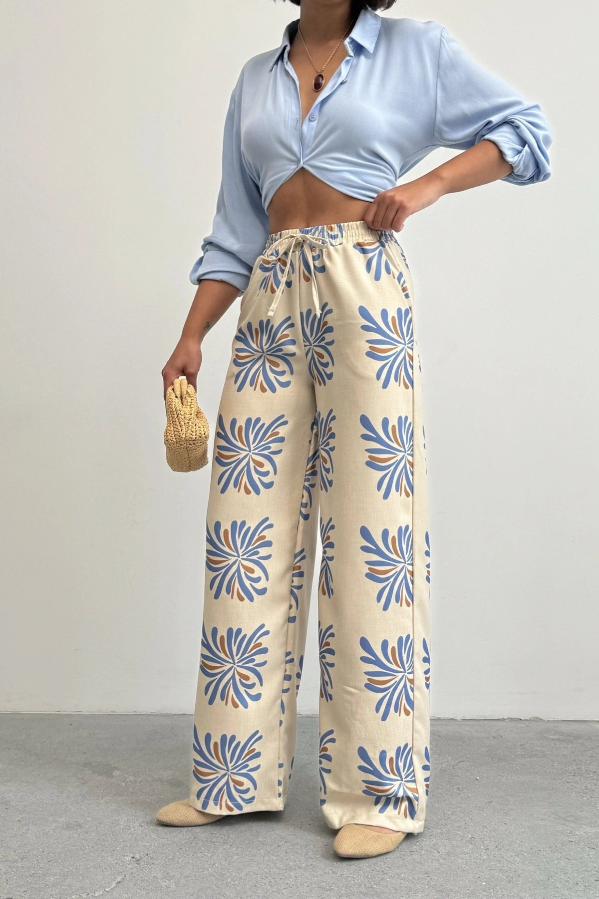 Kadın Bej Etnik Desenli Sofya Keten Pantolon