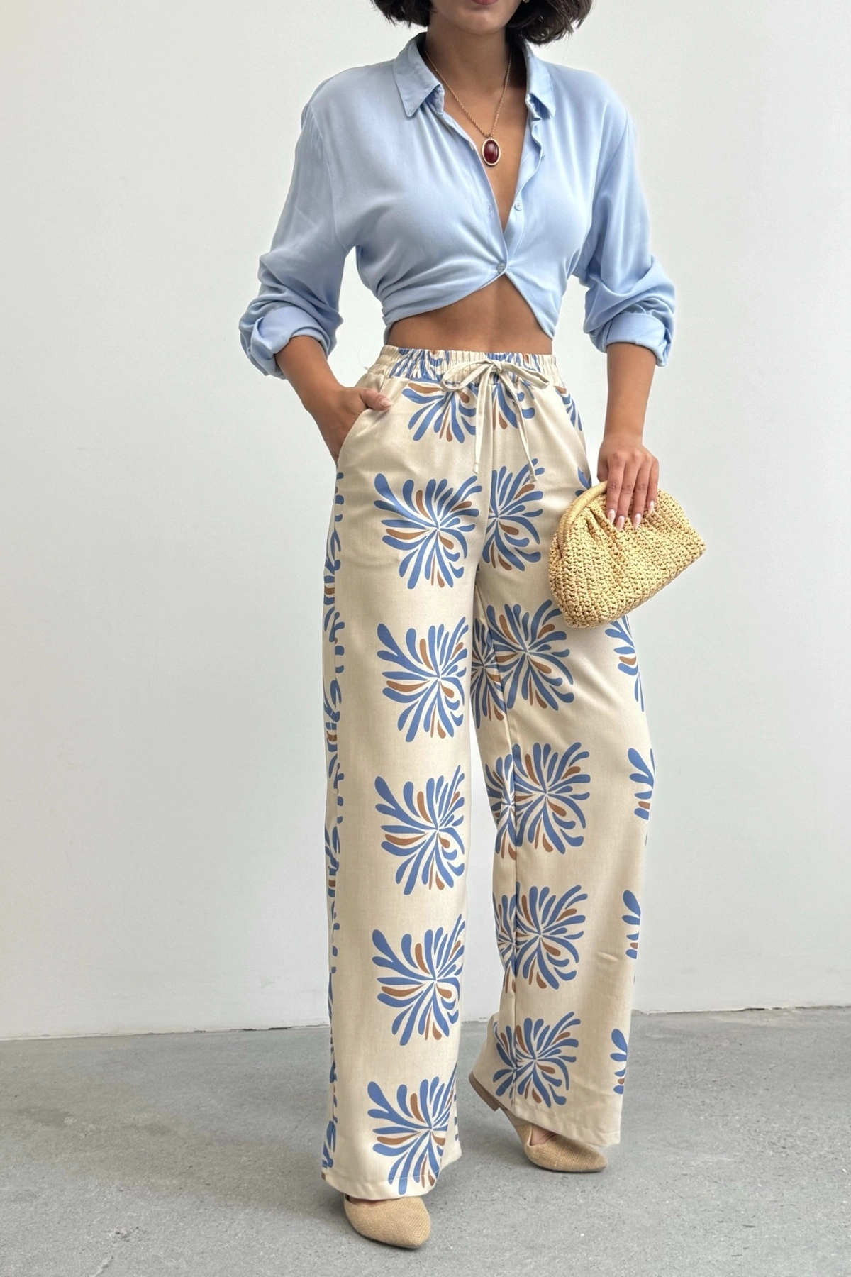 Kadın Bej Etnik Desenli Sofya Keten Pantolon