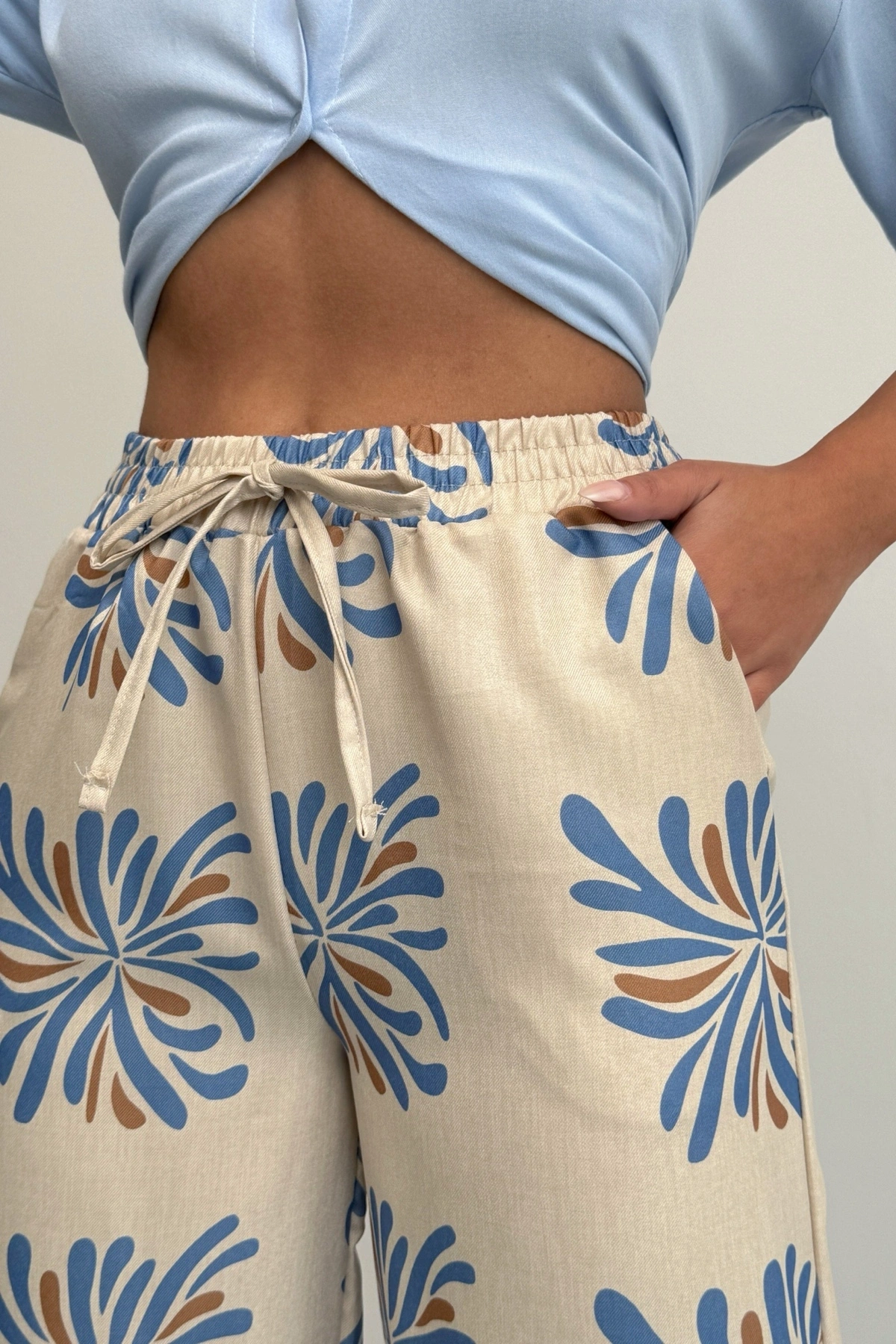 Kadın Bej Etnik Desenli Sofya Keten Pantolon