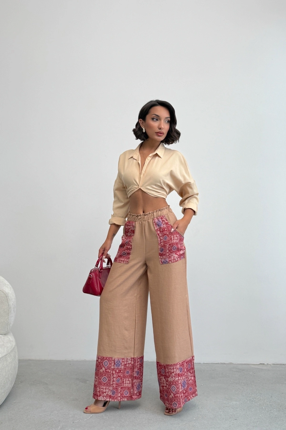 Kadın Kahverengi Etnik Desenli Sofya Keten Pantolon