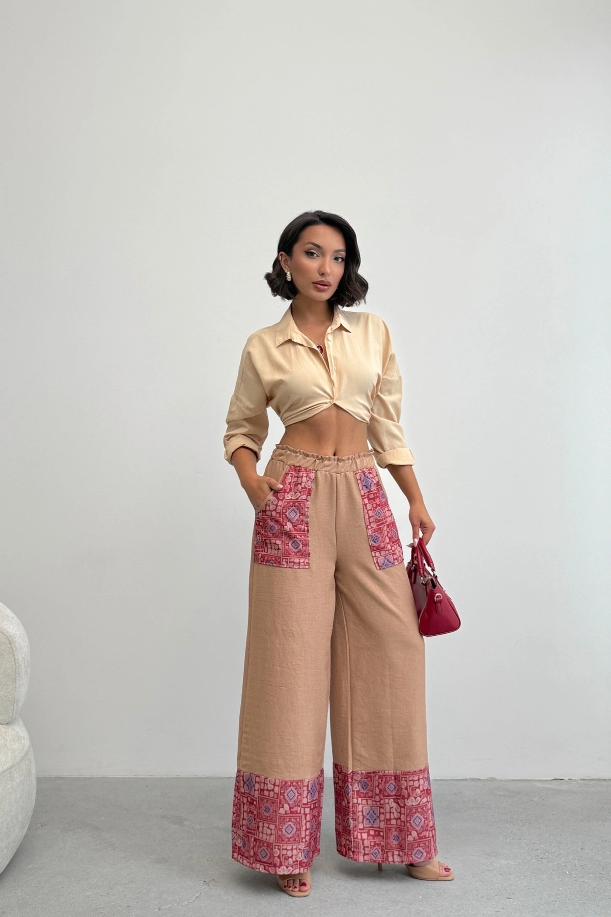 Kadın Kahverengi Etnik Desenli Sofya Keten Pantolon