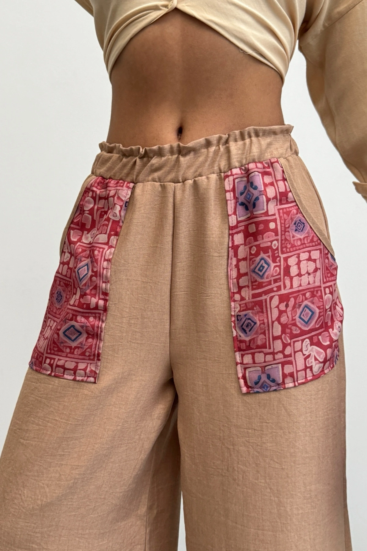 Kadın Kahverengi Etnik Desenli Sofya Keten Pantolon