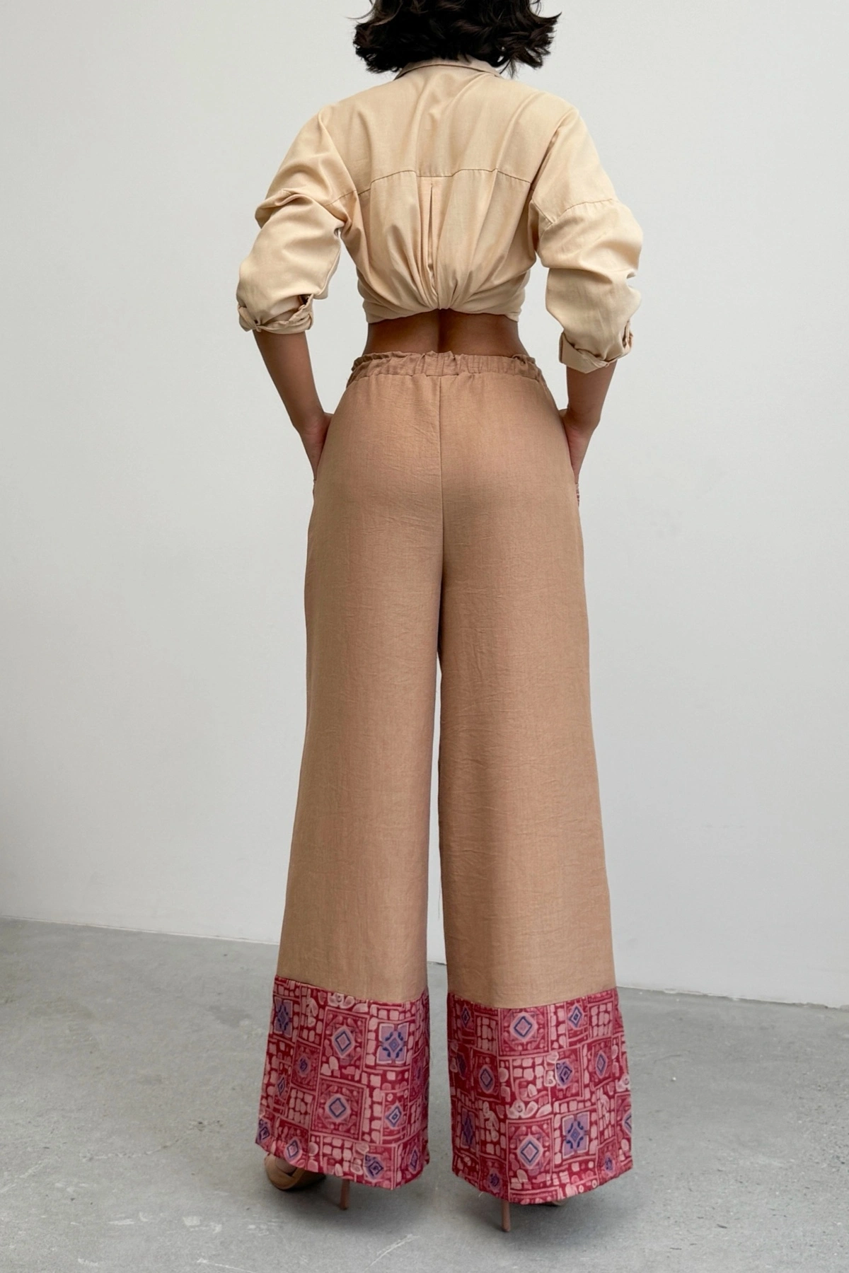 Kadın Kahverengi Etnik Desenli Sofya Keten Pantolon