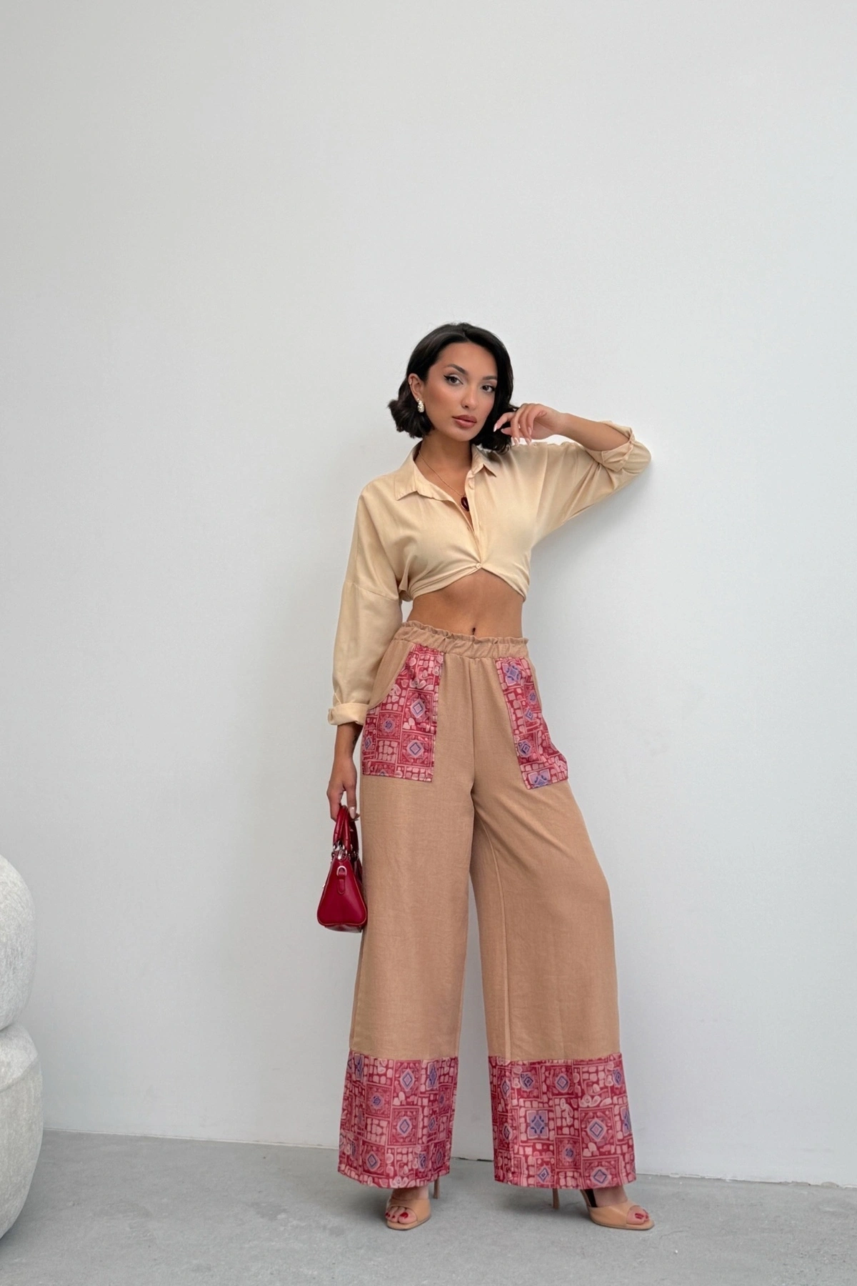 Kadın Kahverengi Etnik Desenli Sofya Keten Pantolon