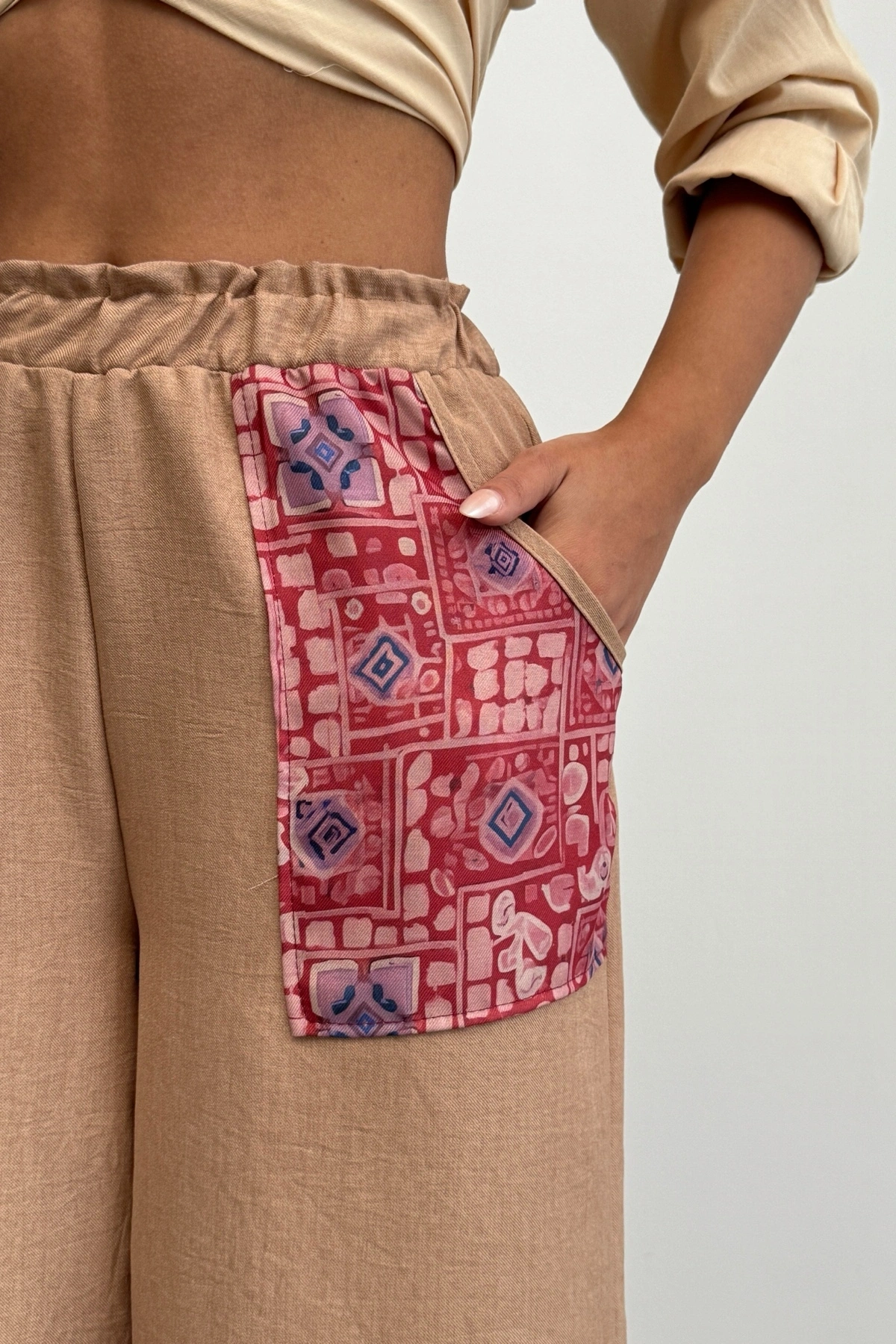 Kadın Kahverengi Etnik Desenli Sofya Keten Pantolon