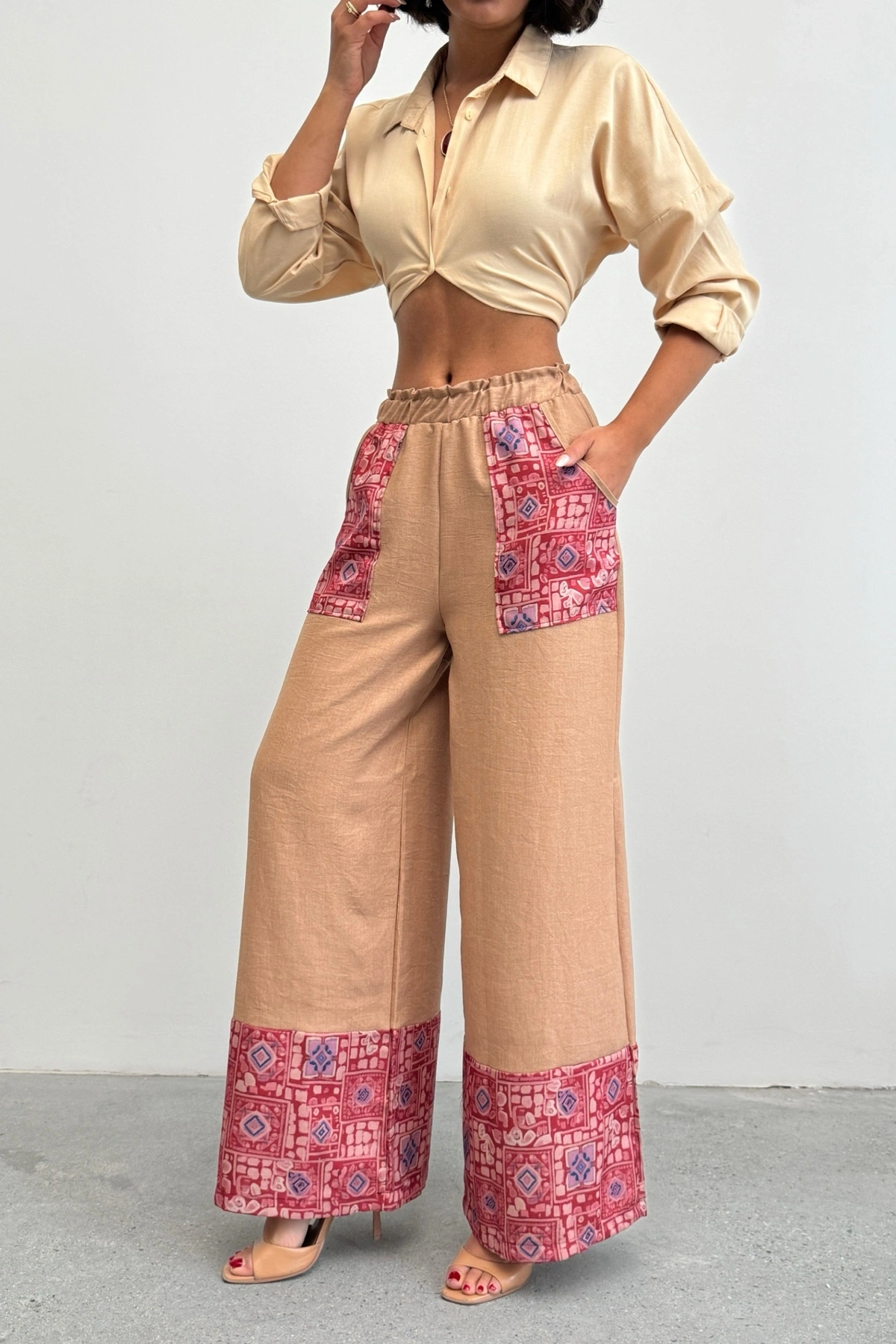 Kadın Kahverengi Etnik Desenli Sofya Keten Pantolon