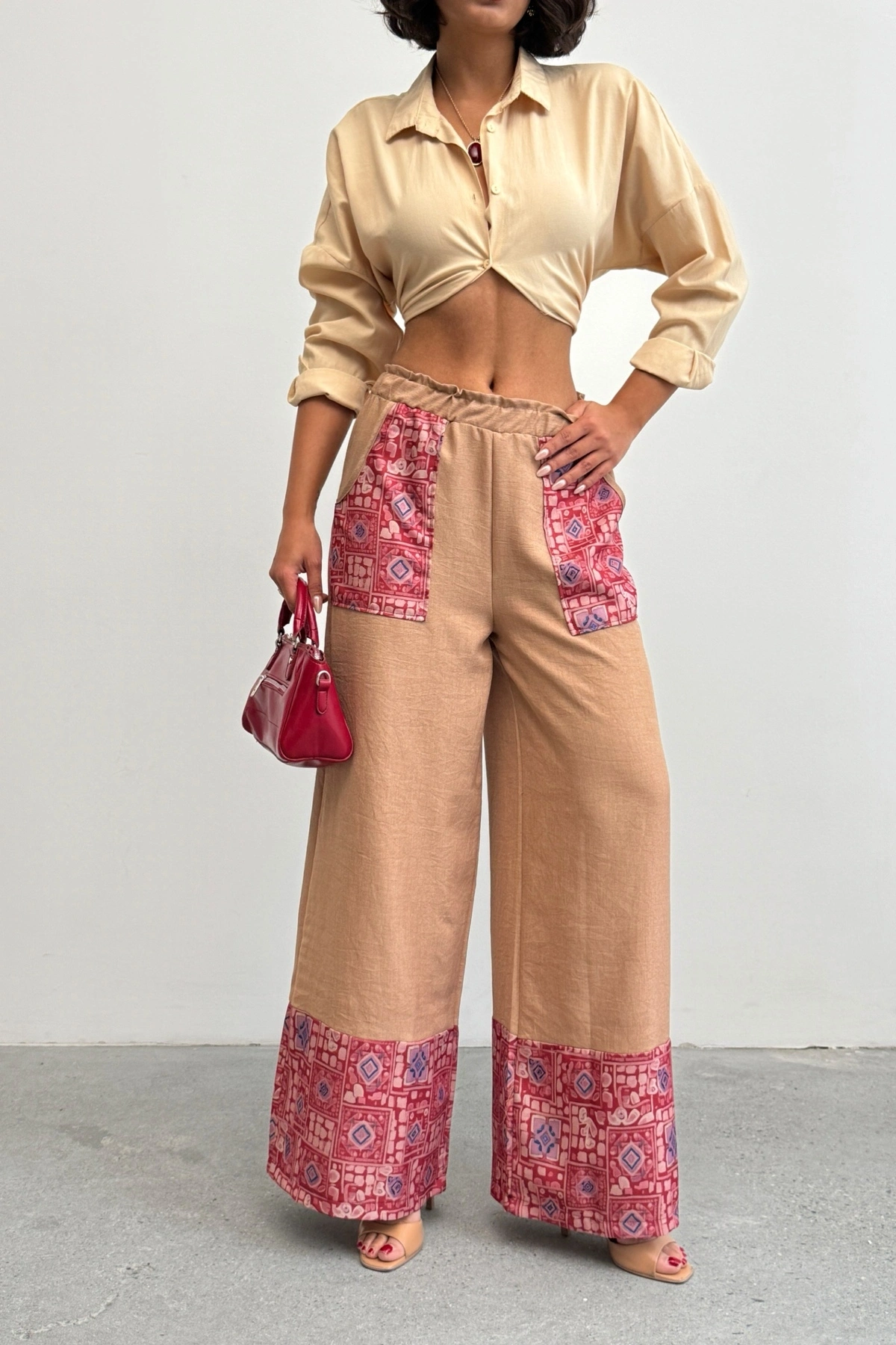 Kadın Kahverengi Etnik Desenli Sofya Keten Pantolon