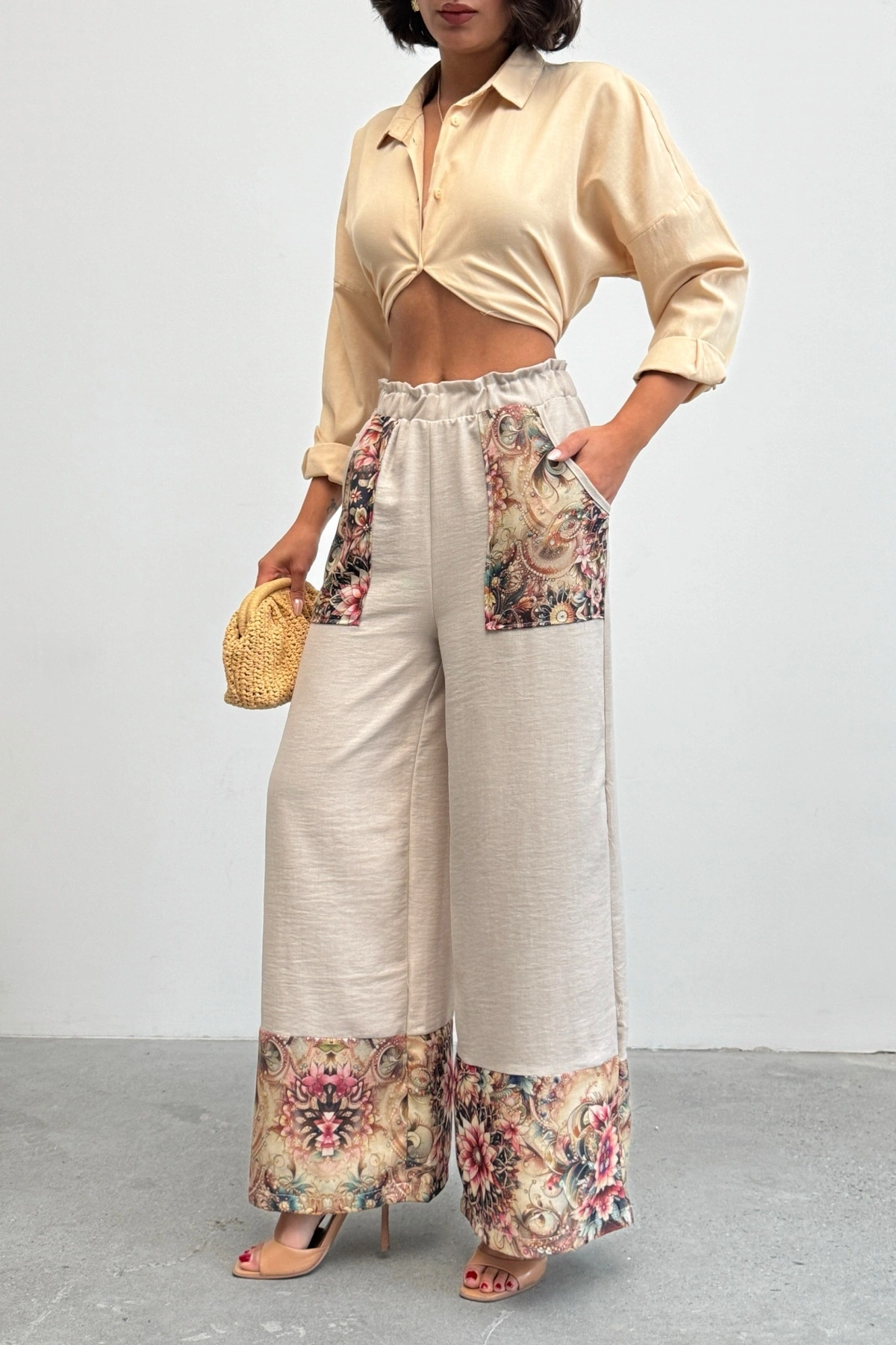 Kadın Taş Etnik Desenli Sofya Keten Pantolon