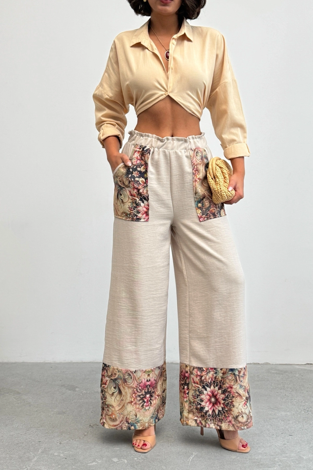 Kadın Taş Etnik Desenli Sofya Keten Pantolon