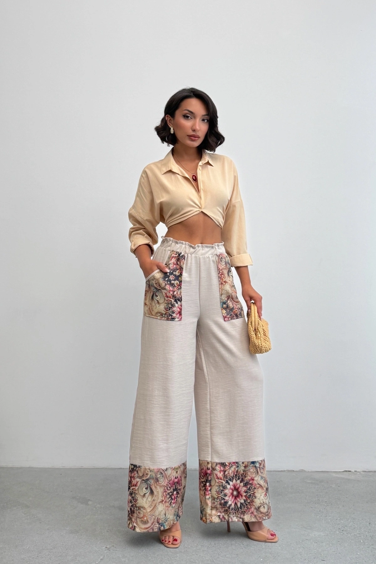 Kadın Taş Etnik Desenli Sofya Keten Pantolon
