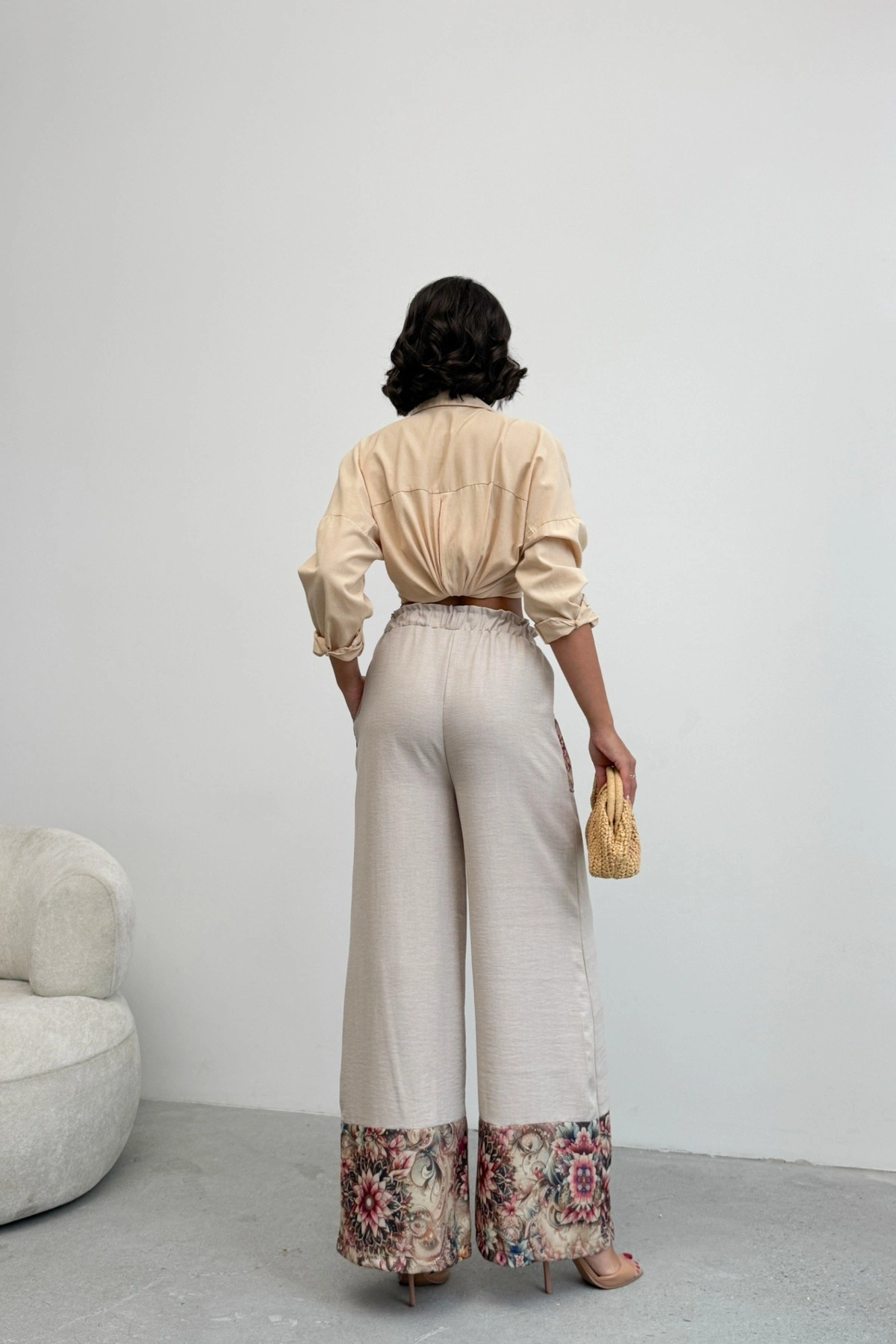 Kadın Taş Etnik Desenli Sofya Keten Pantolon