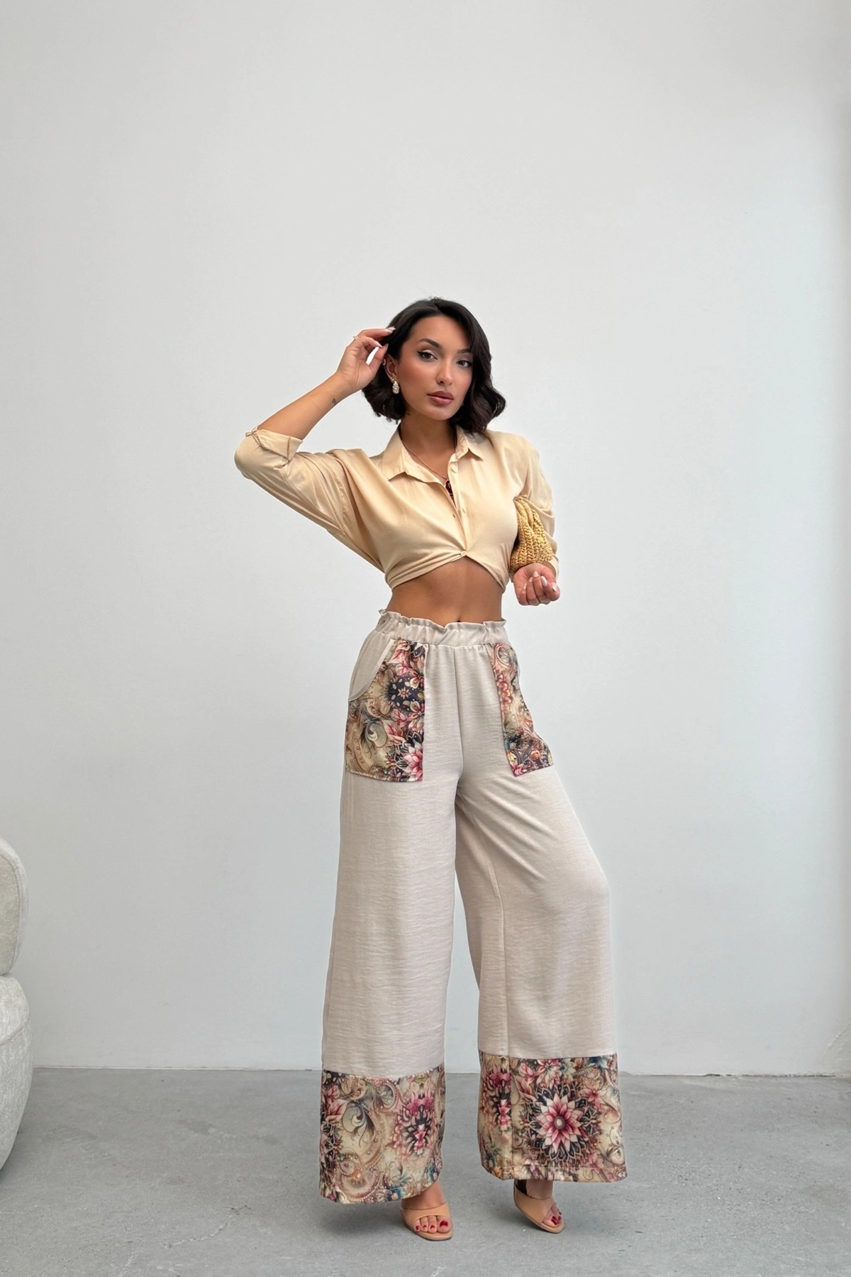 Kadın Taş Etnik Desenli Sofya Keten Pantolon
