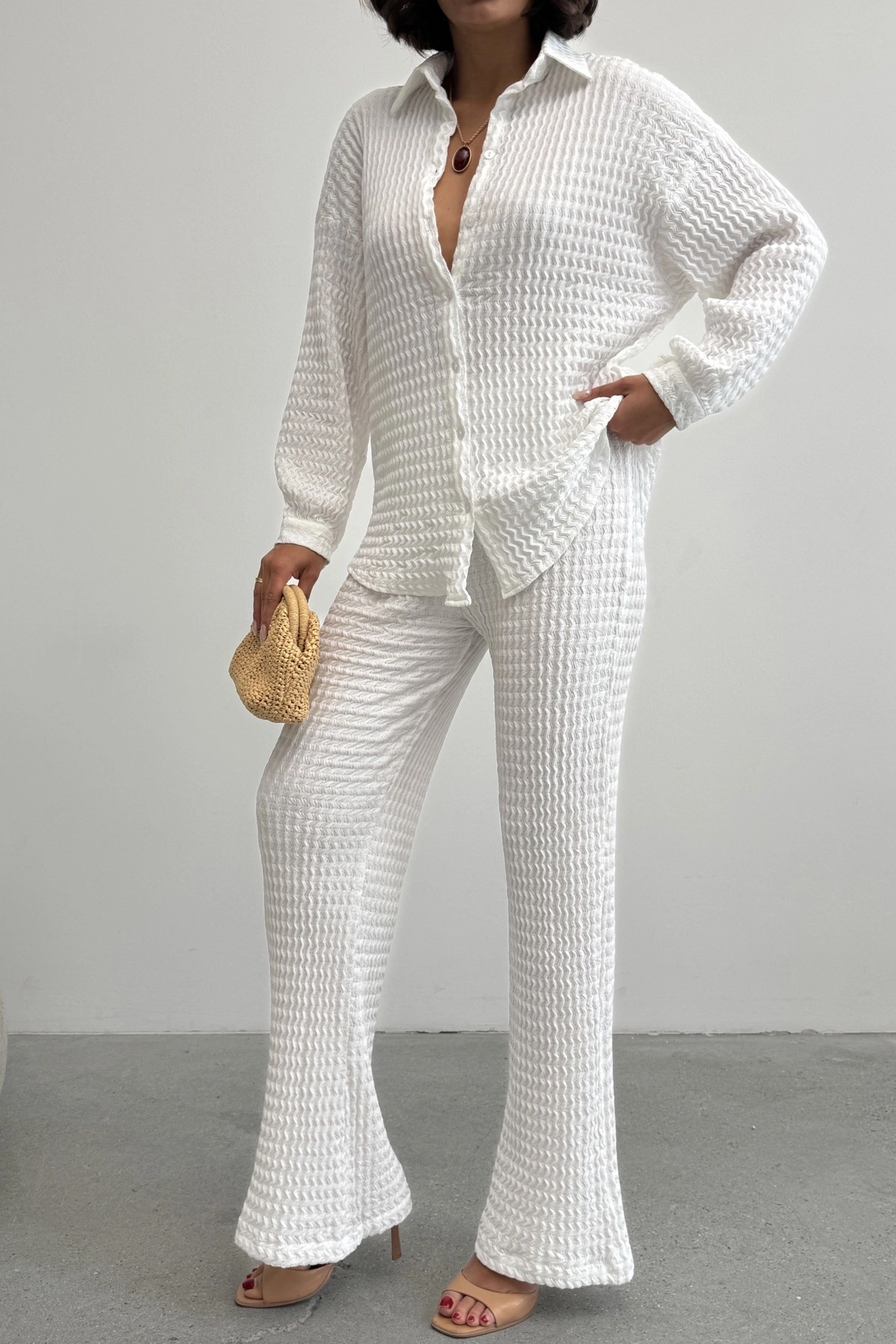Kadın Ekru Yumuşak Dokulu Gömlek Pantolon İkili Premium Kalite Takım