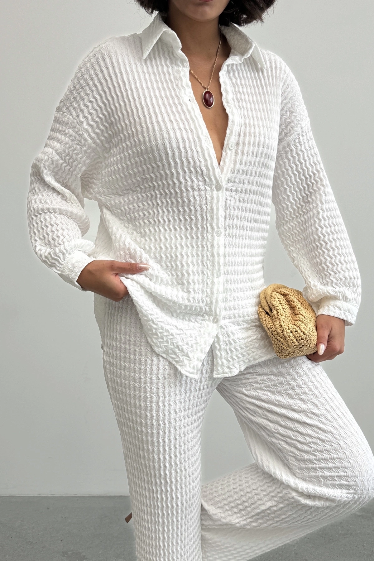 Kadın Ekru Yumuşak Dokulu Gömlek Pantolon İkili Premium Kalite Takım