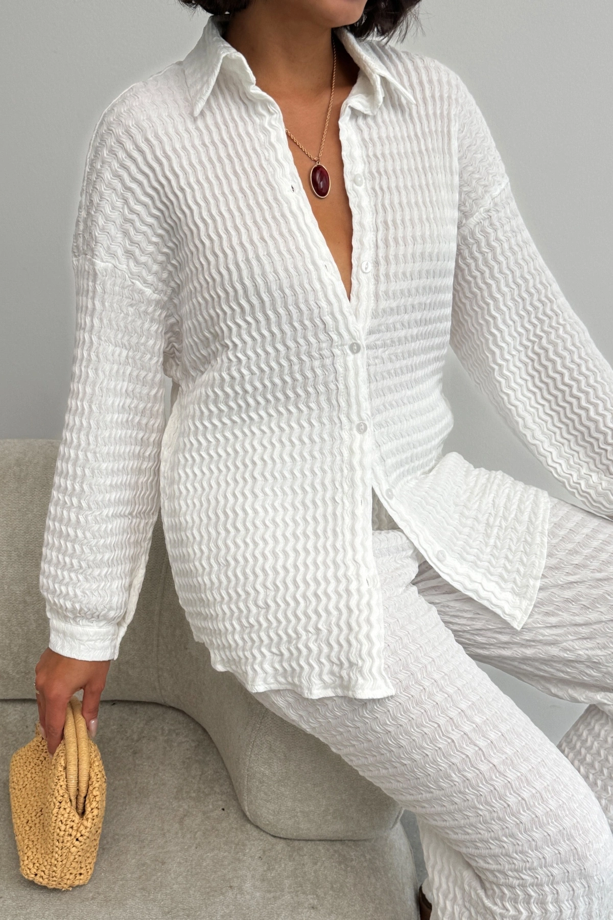 Kadın Ekru Yumuşak Dokulu Gömlek Pantolon İkili Premium Kalite Takım