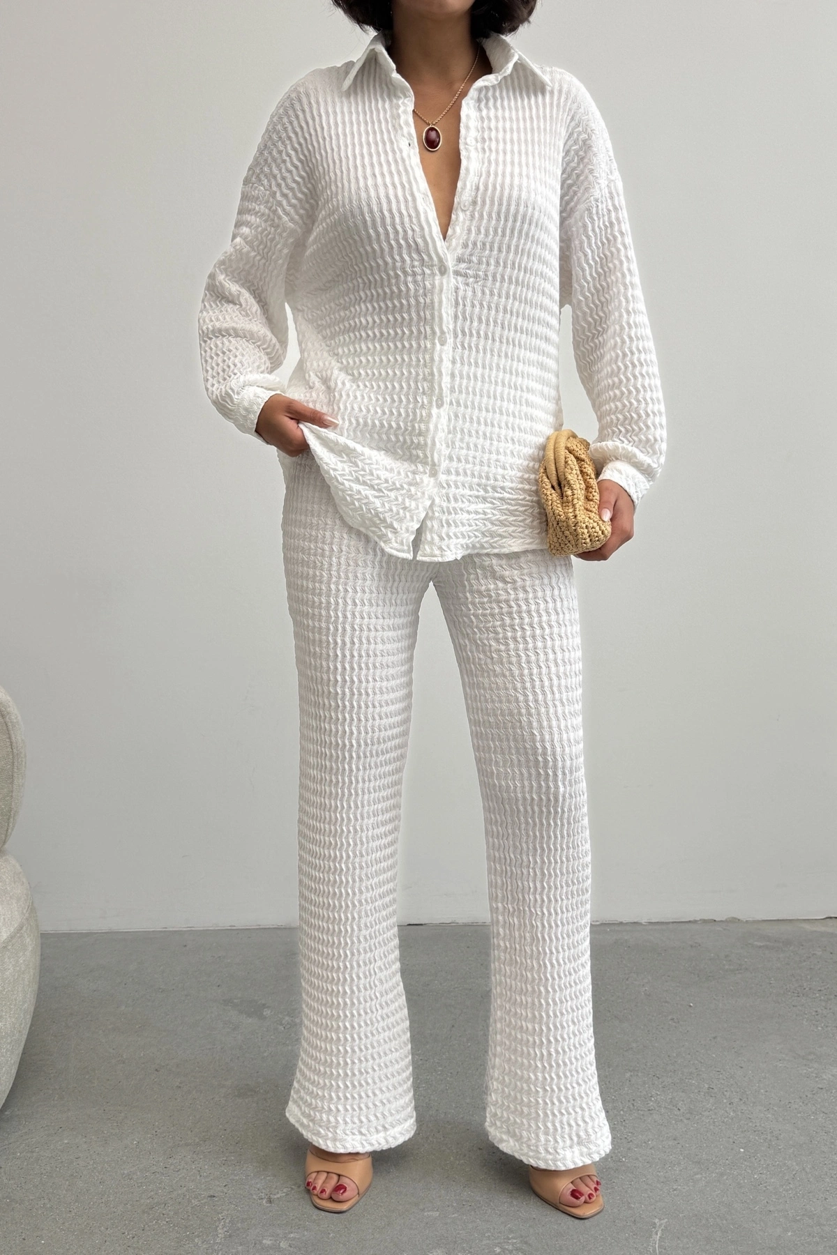 Kadın Ekru Yumuşak Dokulu Gömlek Pantolon İkili Premium Kalite Takım