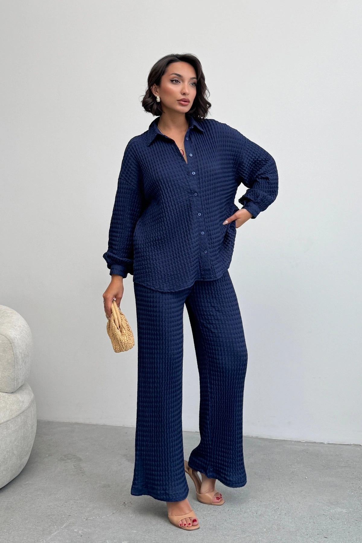 Kadın Lacivert Yumuşak Dokulu Gömlek Pantolon İkili Premium Kalite Takım