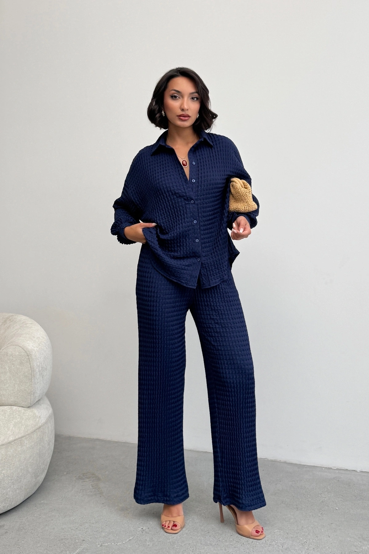 Kadın Lacivert Yumuşak Dokulu Gömlek Pantolon İkili Premium Kalite Takım