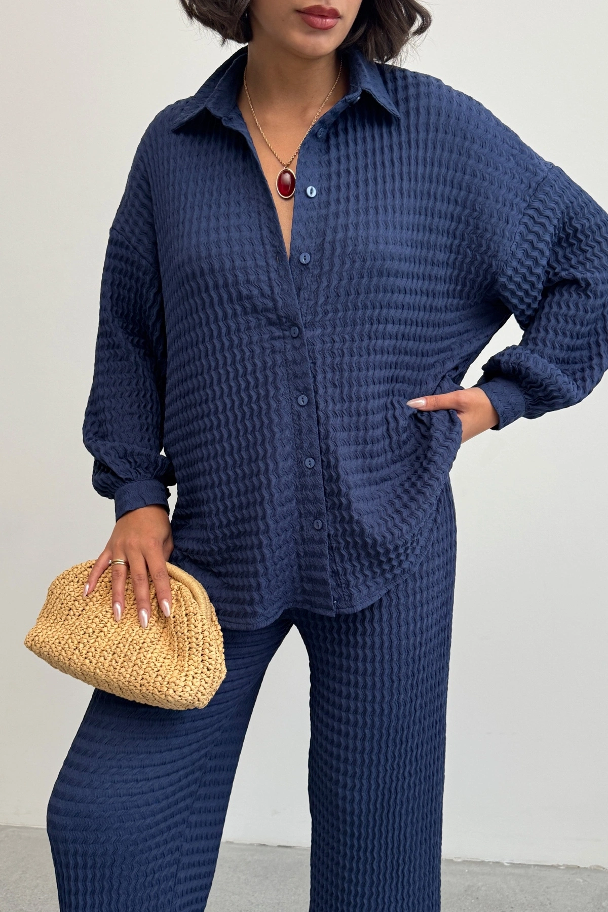 Kadın Lacivert Yumuşak Dokulu Gömlek Pantolon İkili Premium Kalite Takım