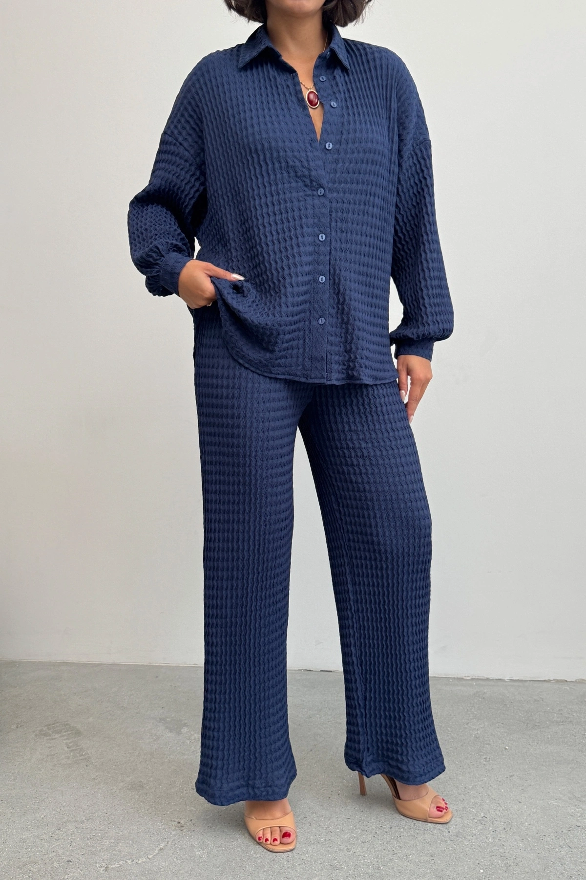 Kadın Lacivert Yumuşak Dokulu Gömlek Pantolon İkili Premium Kalite Takım