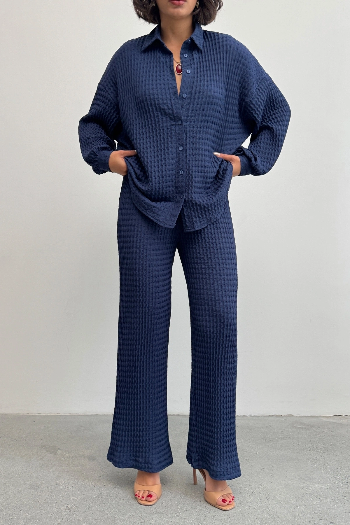 Kadın Lacivert Yumuşak Dokulu Gömlek Pantolon İkili Premium Kalite Takım
