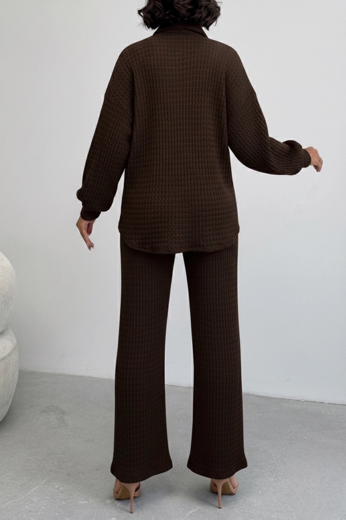 Kadın Kahverengi Yumuşak Dokulu Gömlek Pantolon İkili Premium Kalite Takım
