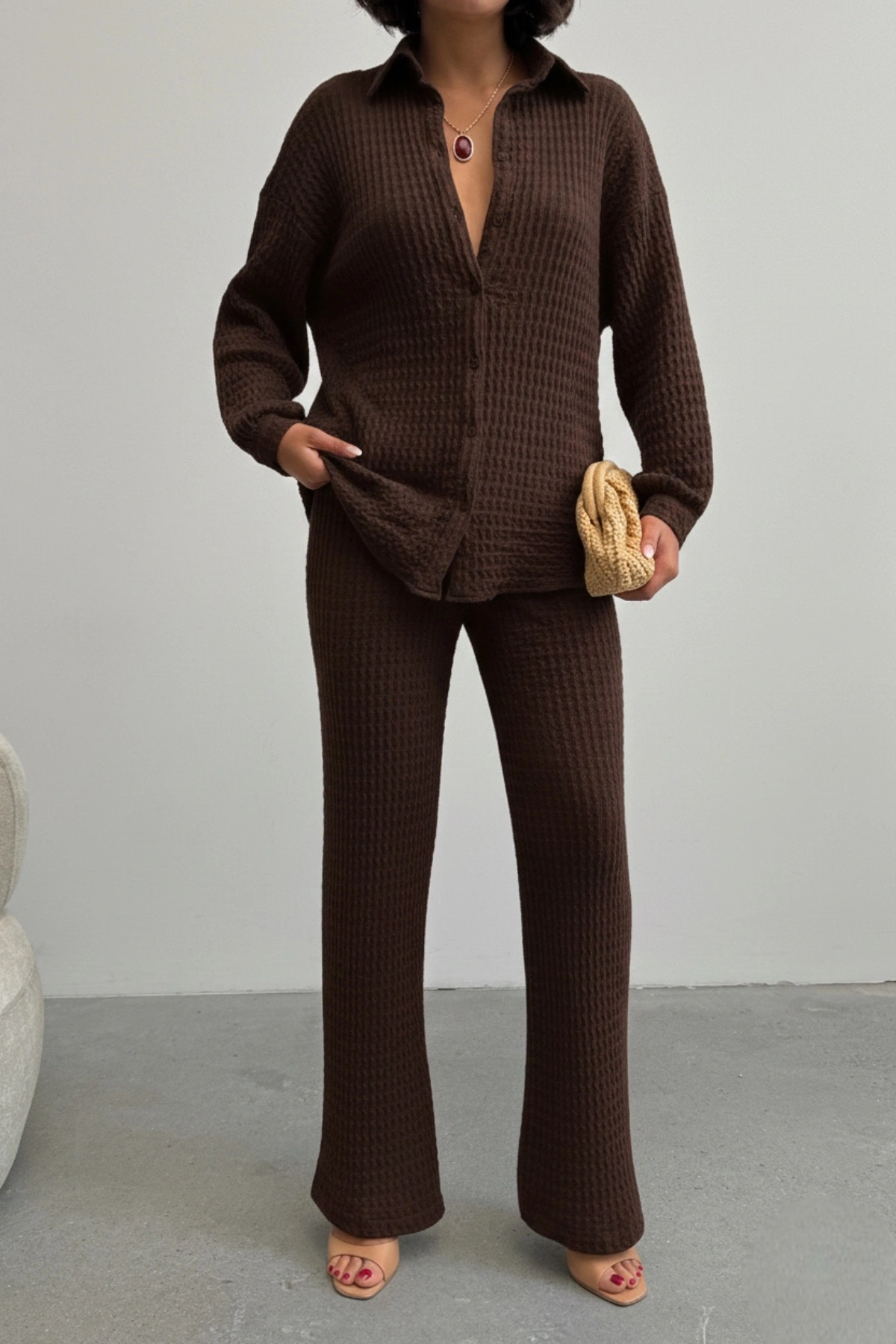 Kadın Kahverengi Yumuşak Dokulu Gömlek Pantolon İkili Premium Kalite Takım