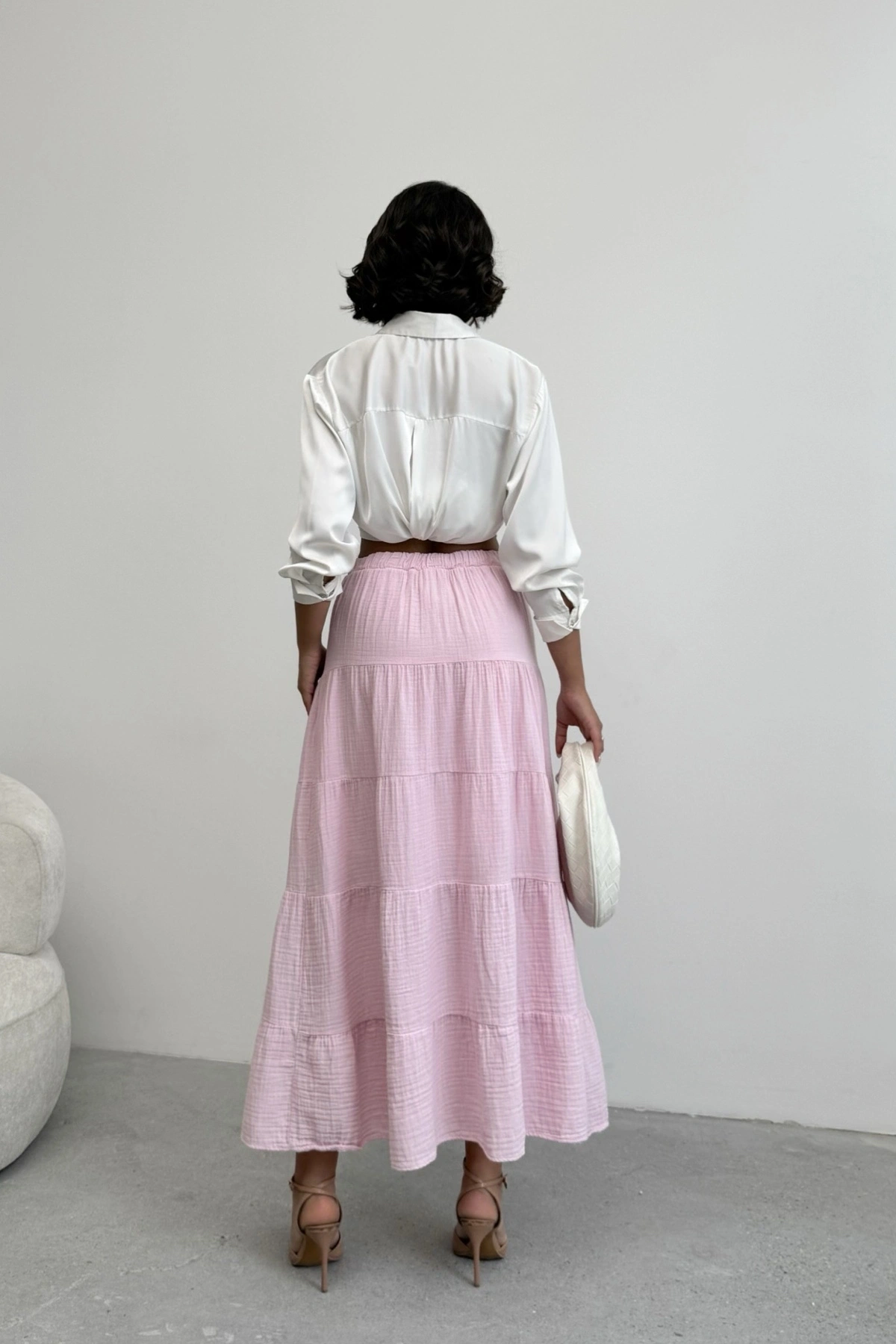 Kadın Şeker Pembe Müslin Kumaş Premium Uzun Etek