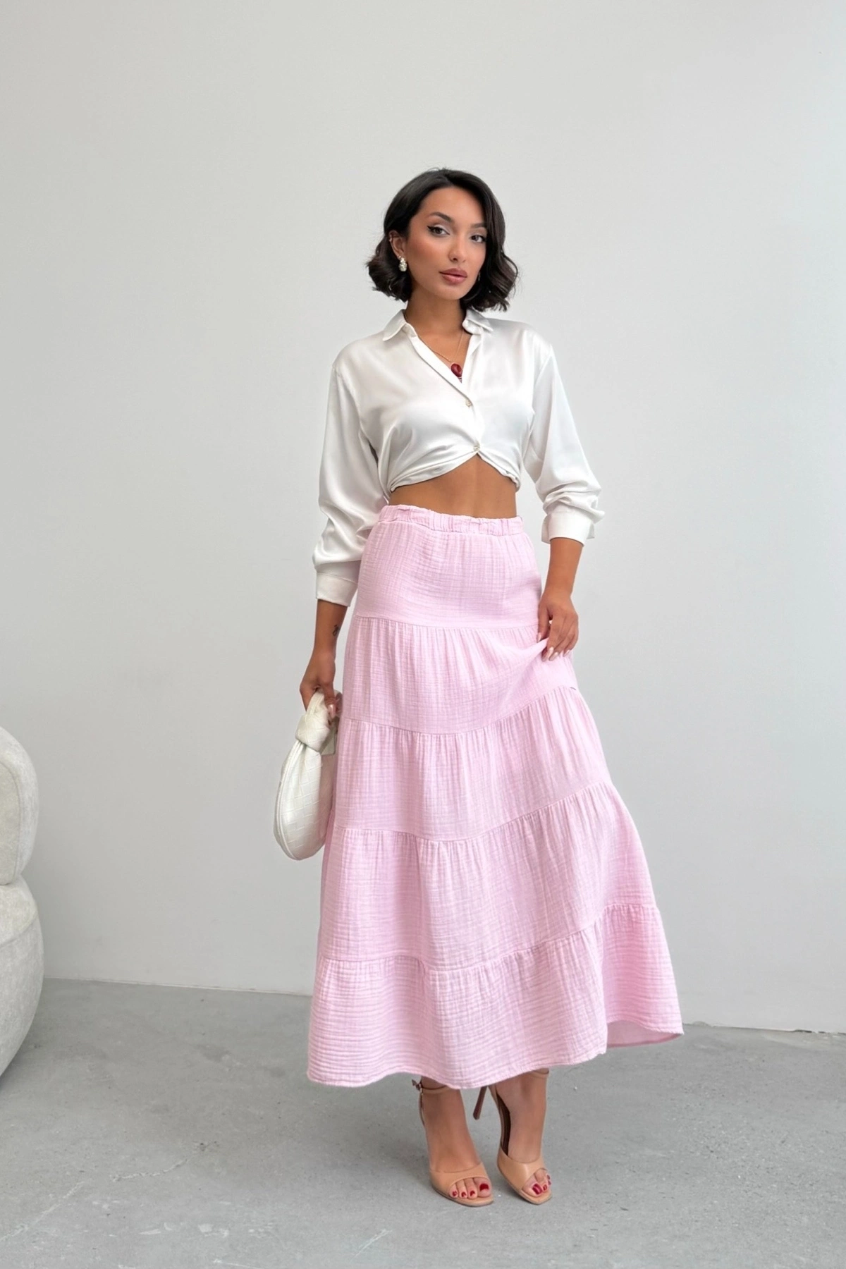 Kadın Şeker Pembe Müslin Kumaş Premium Uzun Etek