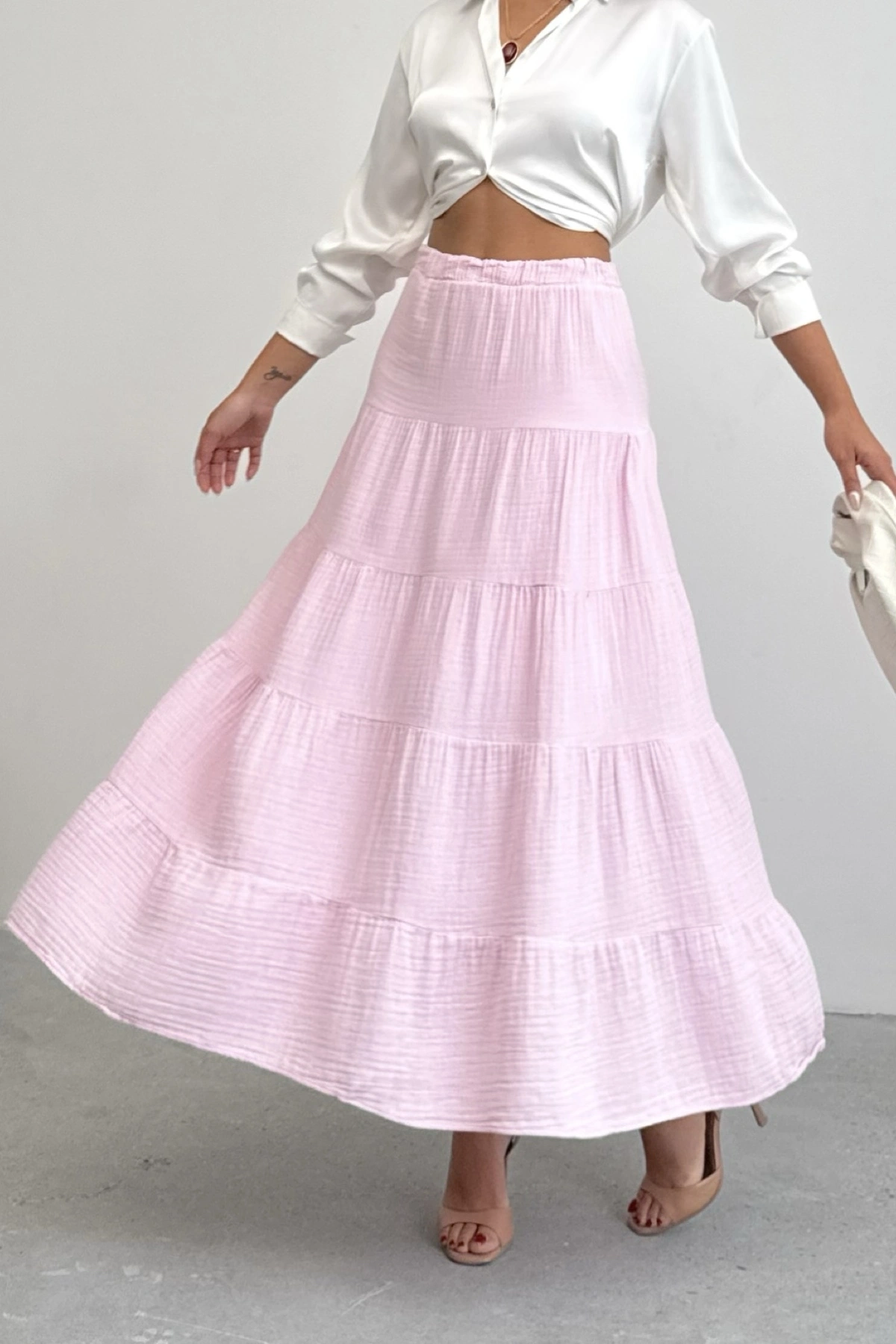 Kadın Şeker Pembe Müslin Kumaş Premium Uzun Etek