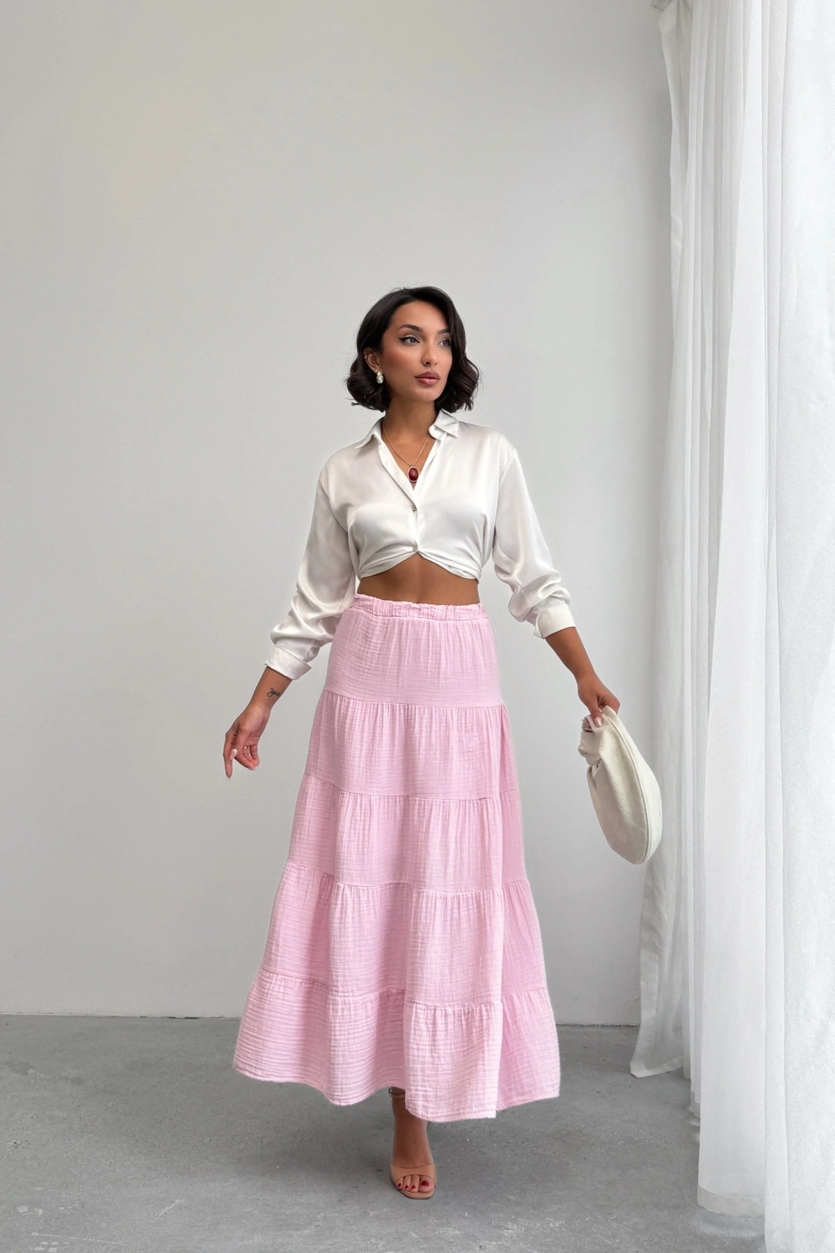 Kadın Şeker Pembe Müslin Kumaş Premium Uzun Etek