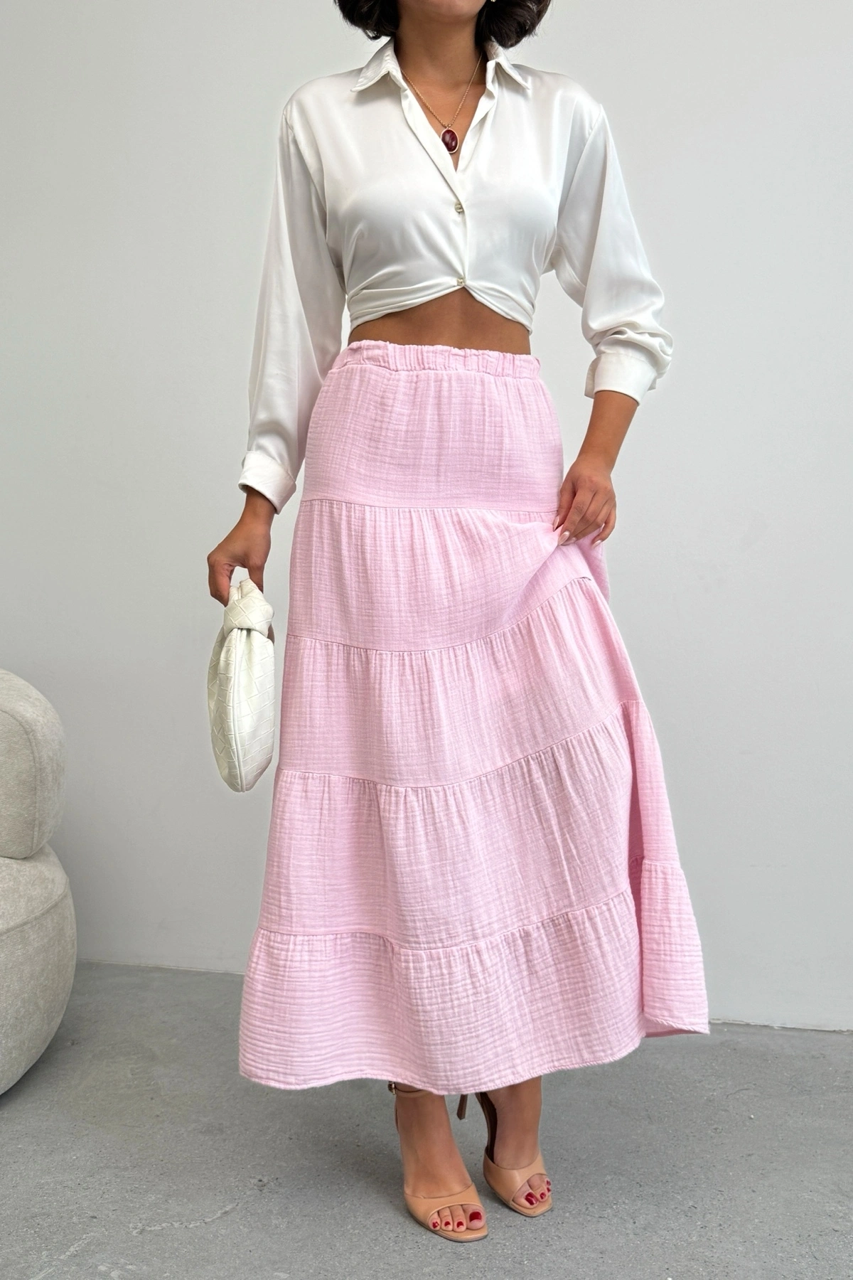 Kadın Şeker Pembe Müslin Kumaş Premium Uzun Etek