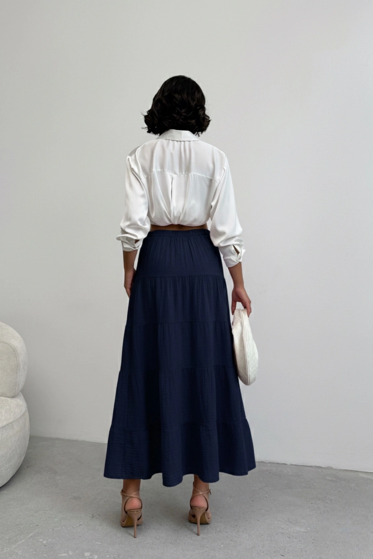 Kadın Lacivert Astarlı Müslin Kumaş Premium uzun Etek