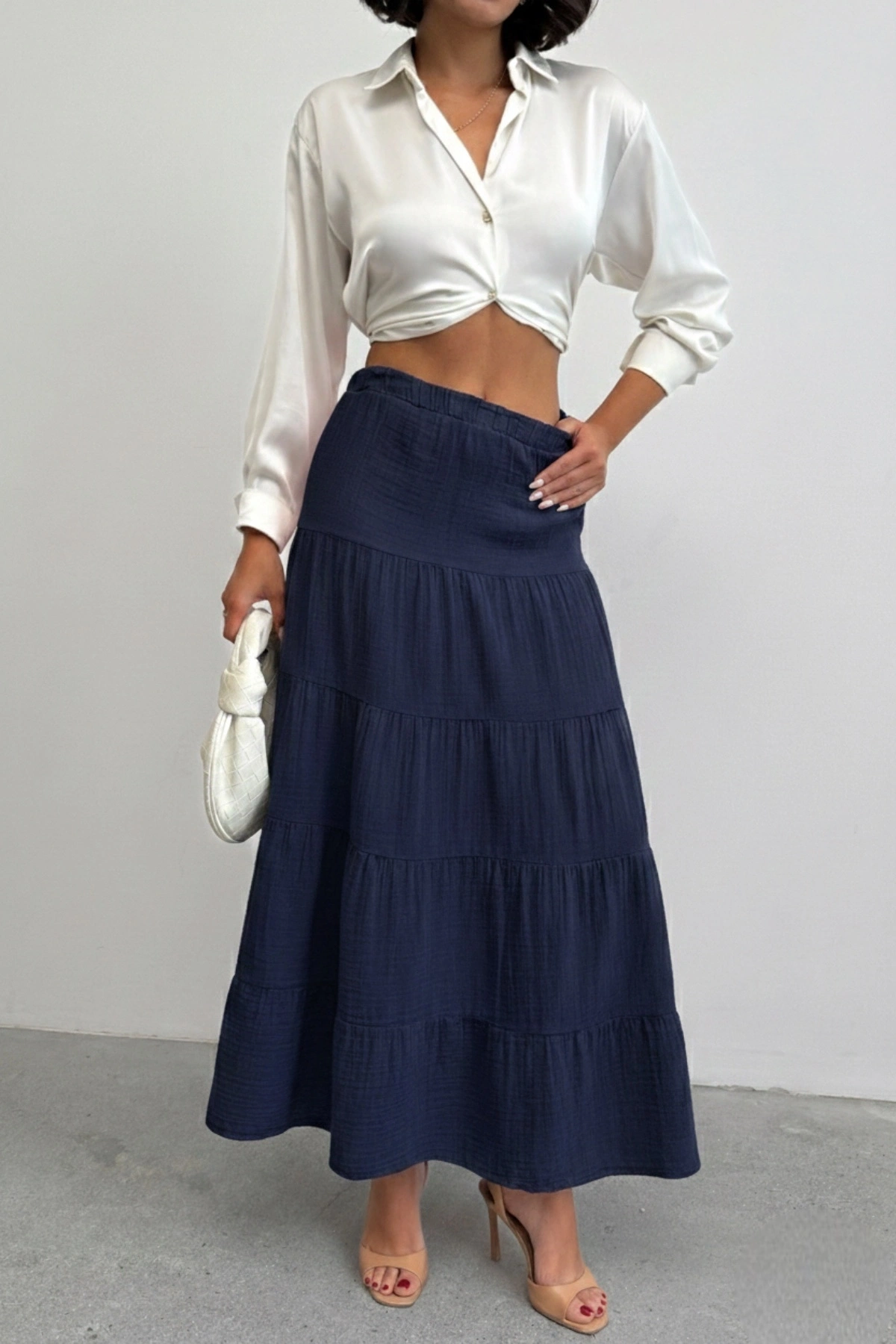 Kadın Lacivert Astarlı Müslin Kumaş Premium uzun Etek