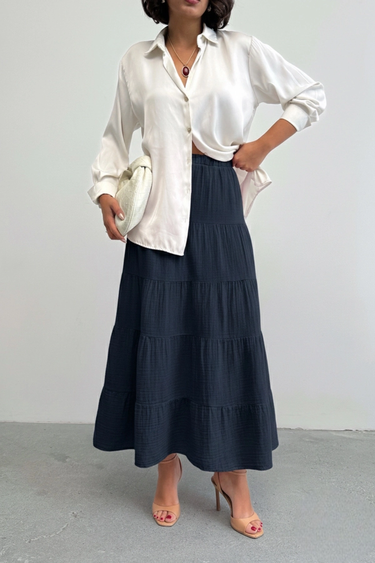 Kadın Lacivert Astarlı Müslin Kumaş Premium uzun Etek