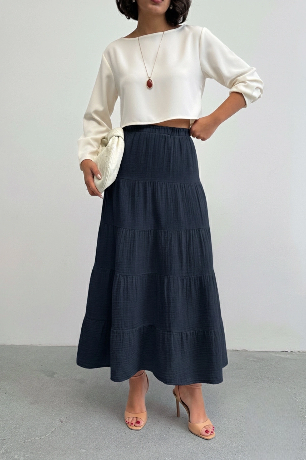 Kadın Lacivert Astarlı Müslin Kumaş Premium uzun Etek