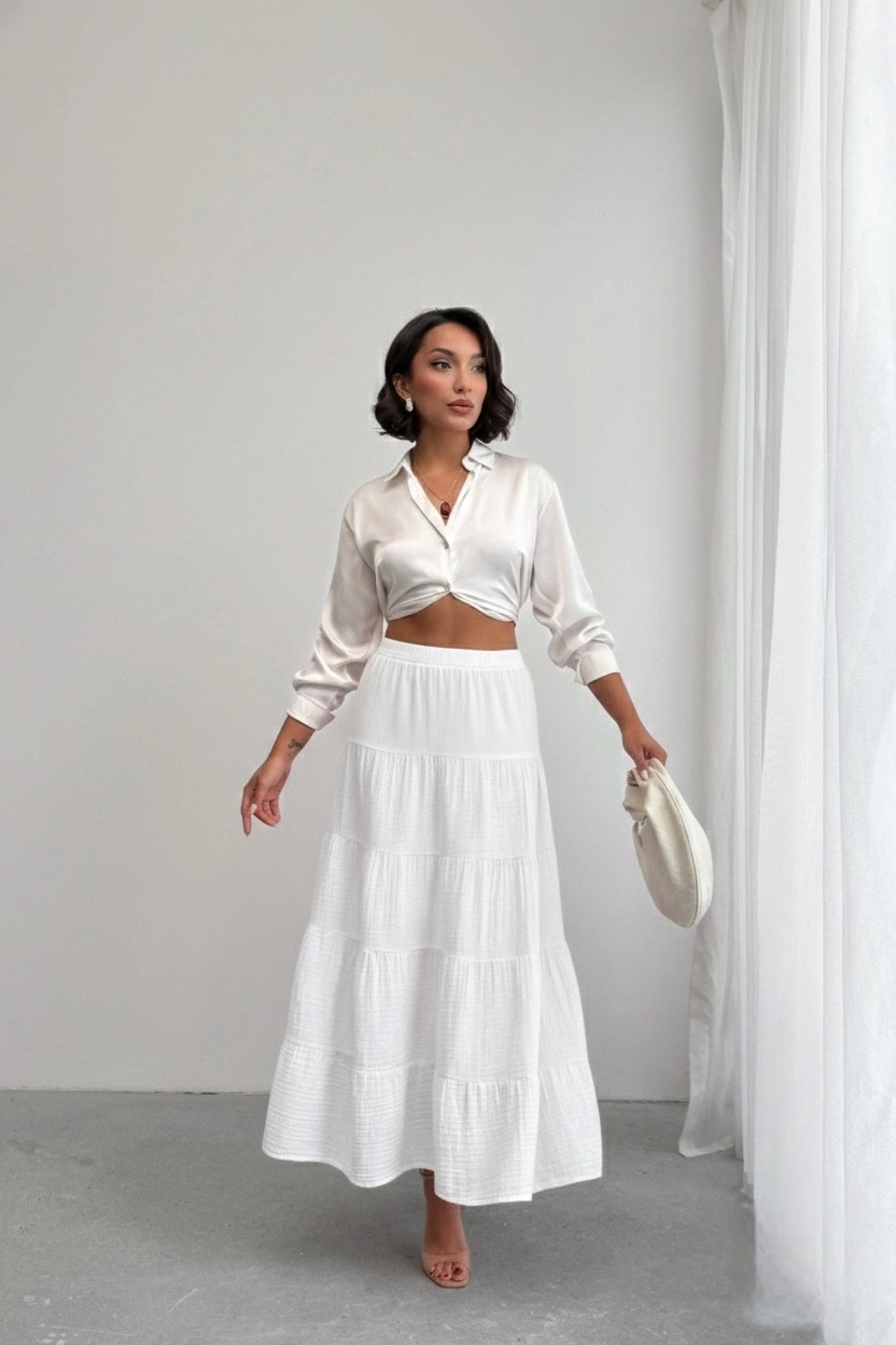 Kadın Ekru Müslin Kumaş Premium Uzun Etek