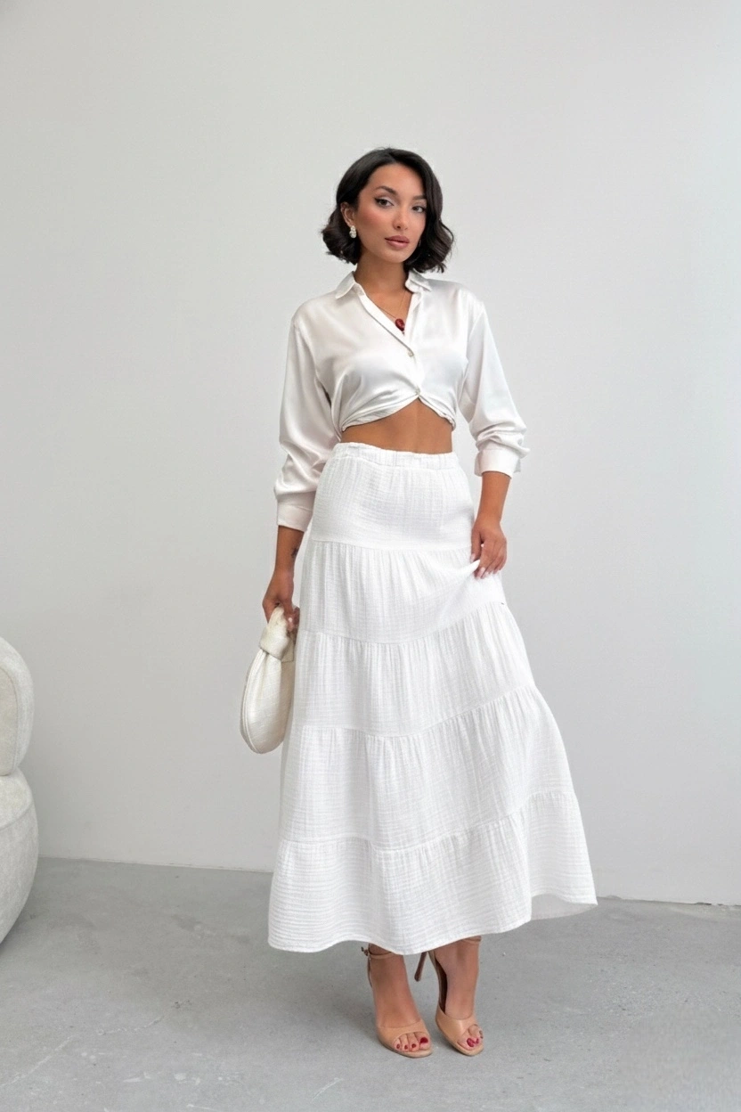 Kadın Ekru Müslin Kumaş Premium Uzun Etek