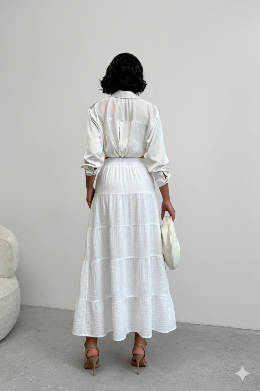 Kadın Ekru Müslin Kumaş Premium Uzun Etek
