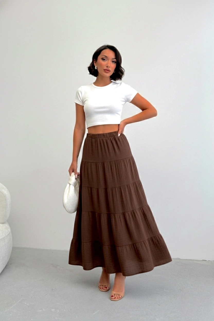 Kadın Acı Kahve Müslin Kumaş Premium Uzun Etek