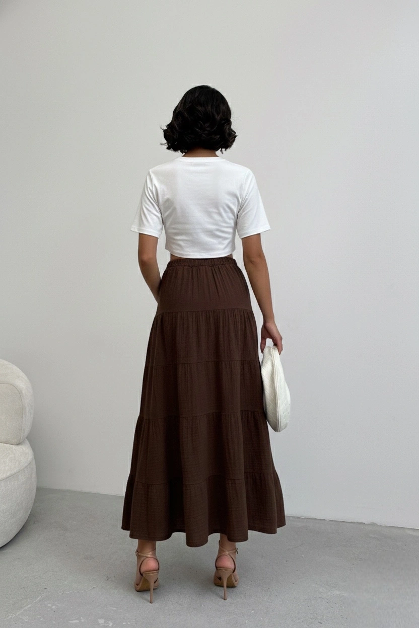 Kadın Acı Kahve Müslin Kumaş Premium Uzun Etek