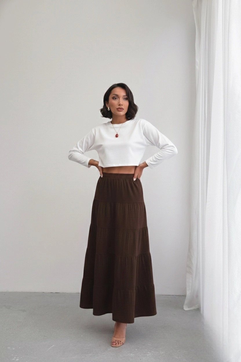 Kadın Acı Kahve Müslin Kumaş Premium Uzun Etek