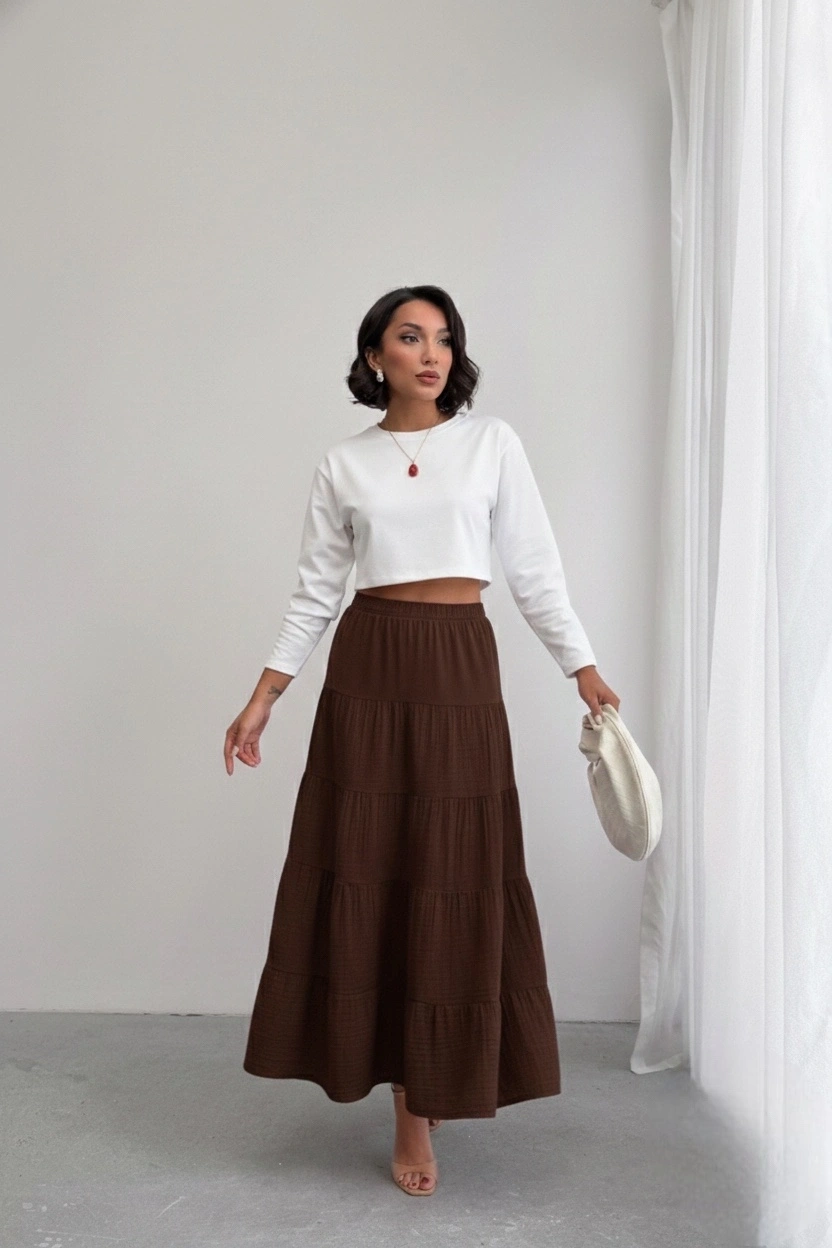 Kadın Acı Kahve Müslin Kumaş Premium Uzun Etek