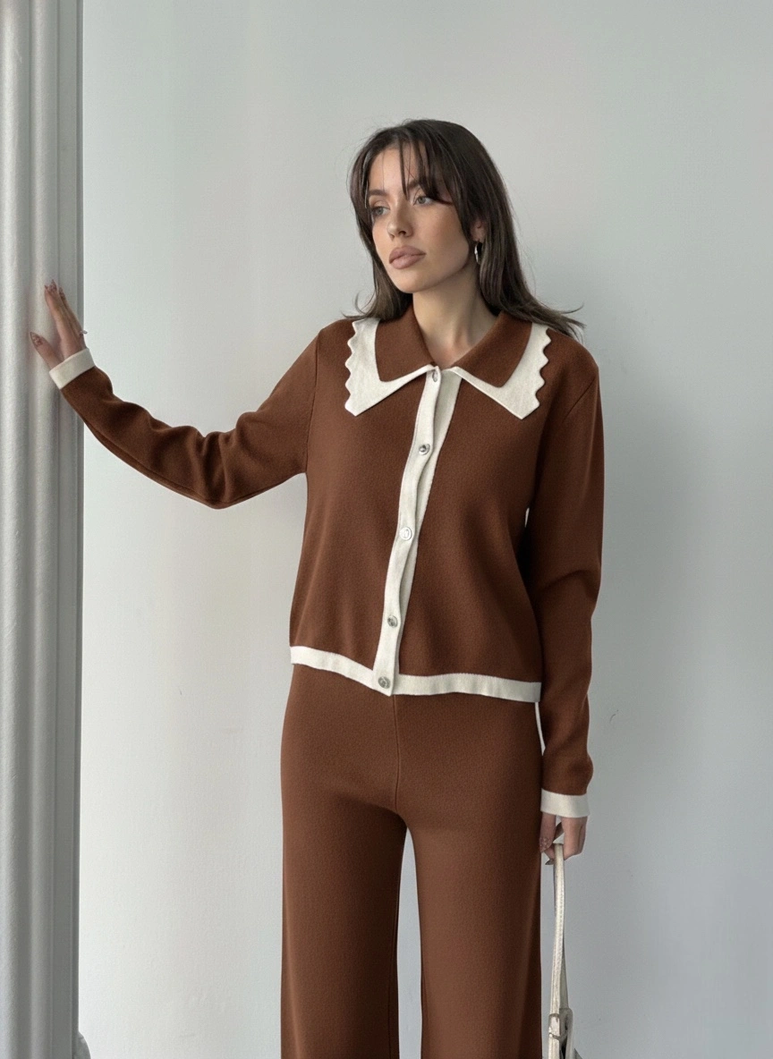 Kadın Kahverengi Yaka Detaylı Alt Üst Şık Triko Takım