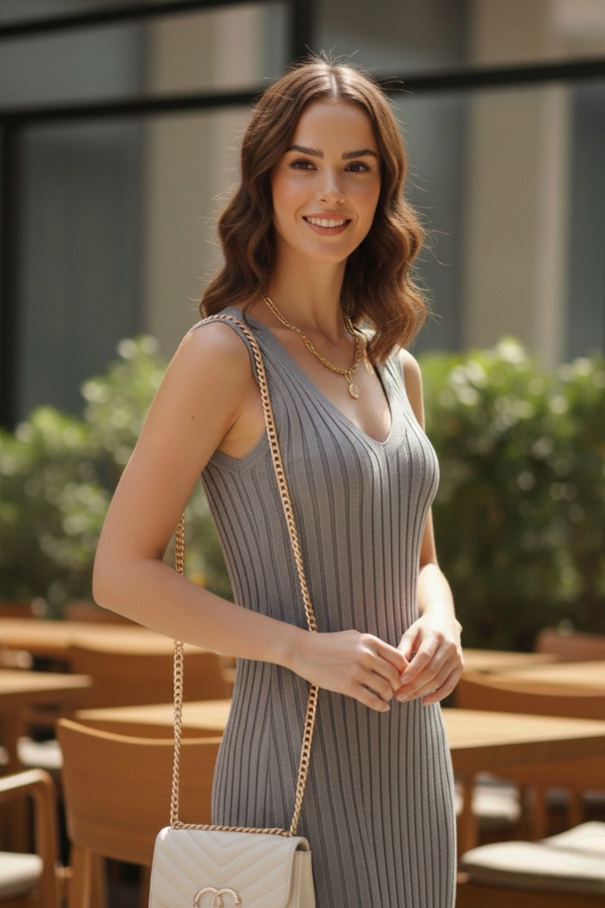 Kadın Gri Fitilli Askılı Midi Elbise (S/M Beden)